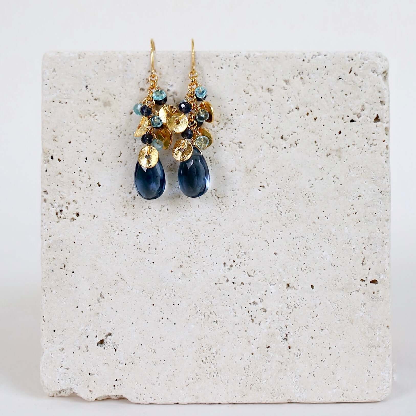 Lolite Gemstone with mini stones  and Gold Accents   Gold Drop Earrings