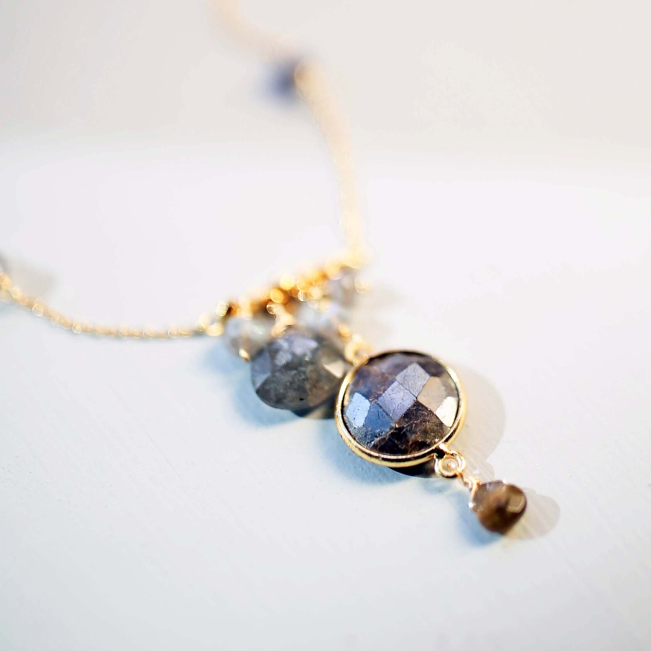 Elegant bezel-set labradorite gemstone necklace with surrounding accents.