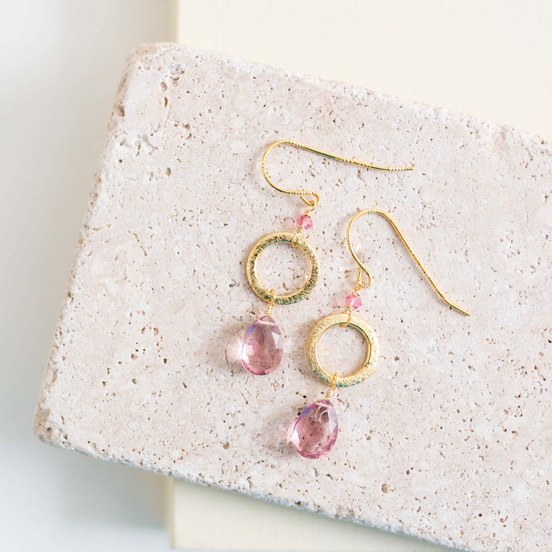 Pink Garnet Quartz Gemstone Drop Earrings in Gold Plated Silver
