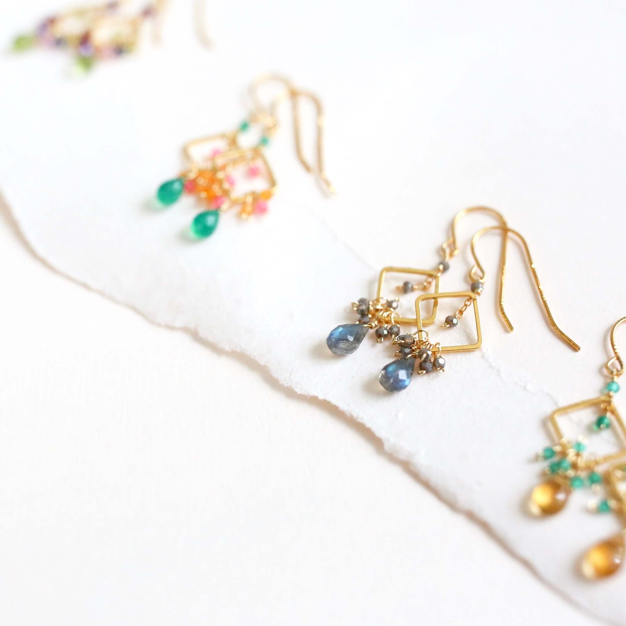 Colorful gemstones French Hook Gold Earrings 