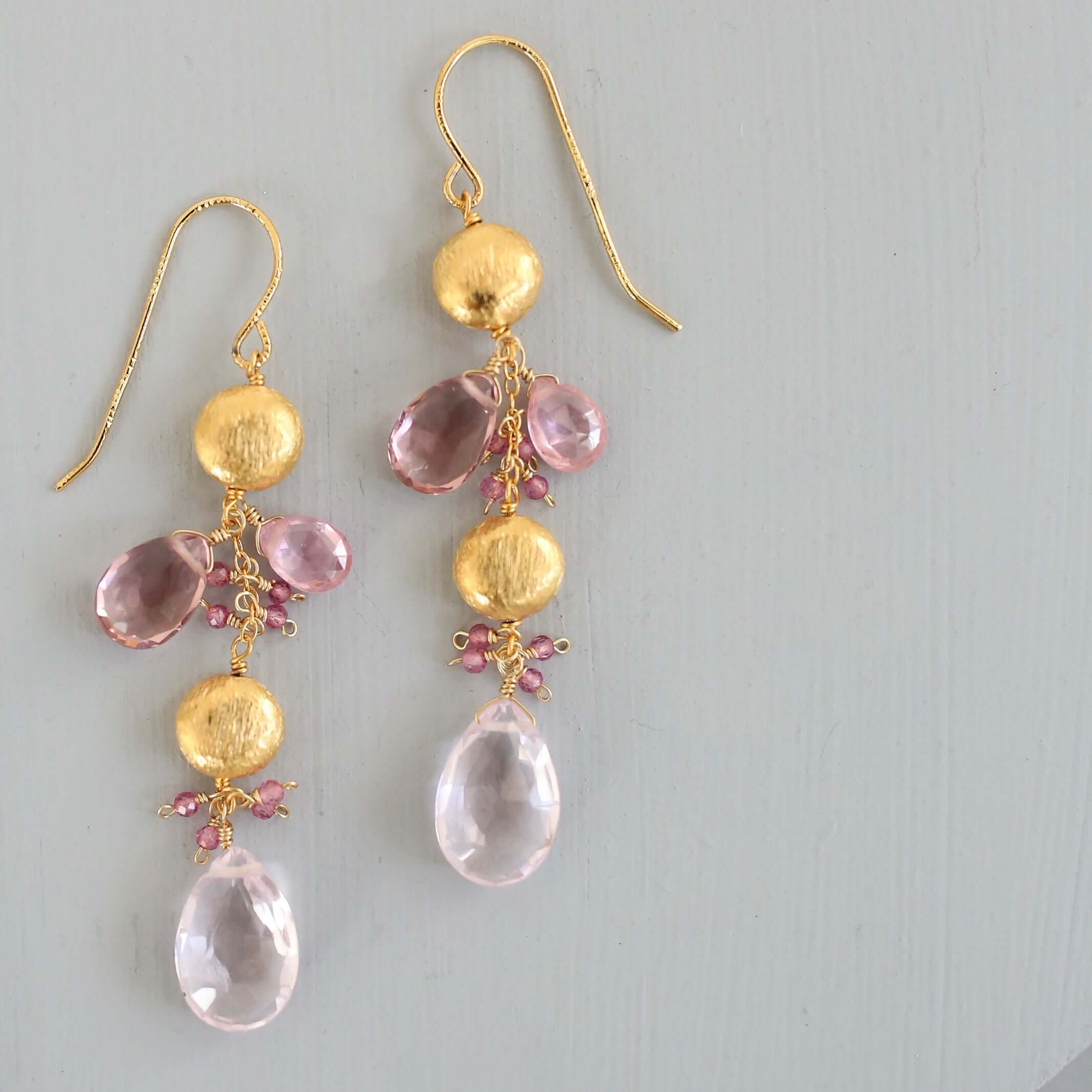 Pink Tourmaline Gemstone Drop Earrings in Gold Plated Silver
