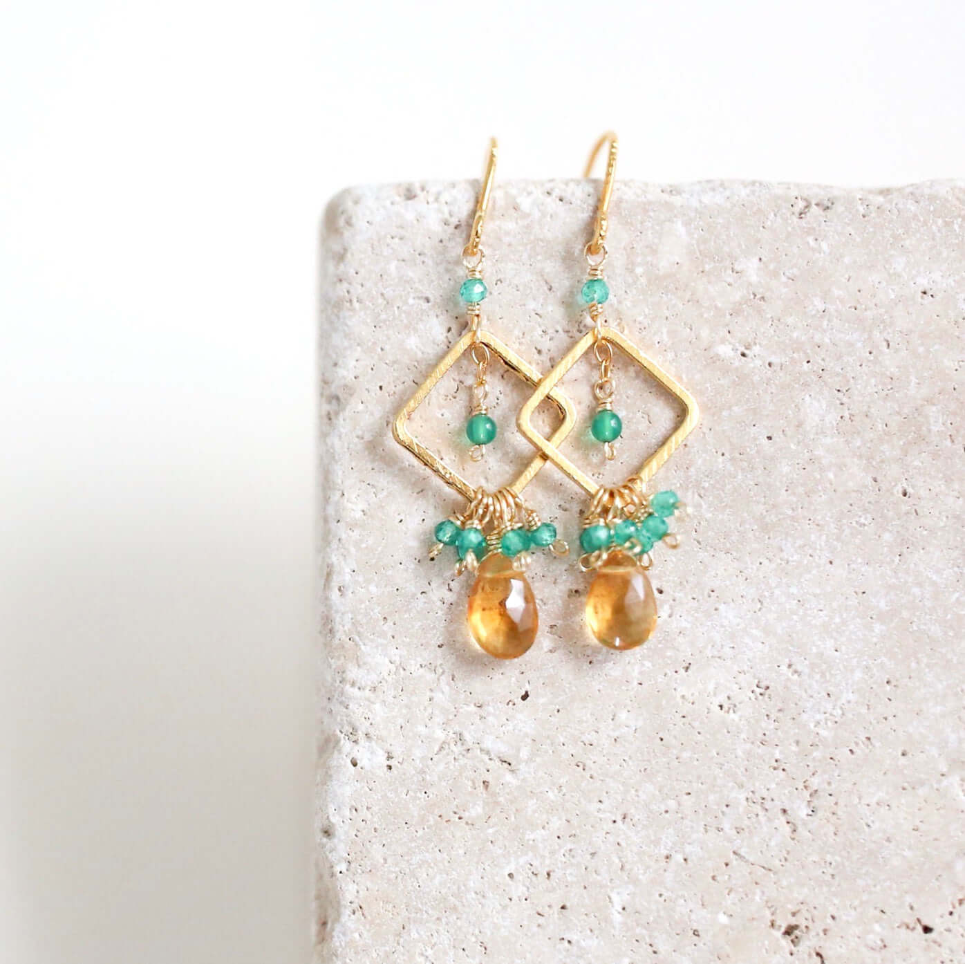  Citrine briolette gemstones with green onyx accent stones French Hook Gold Earrings 