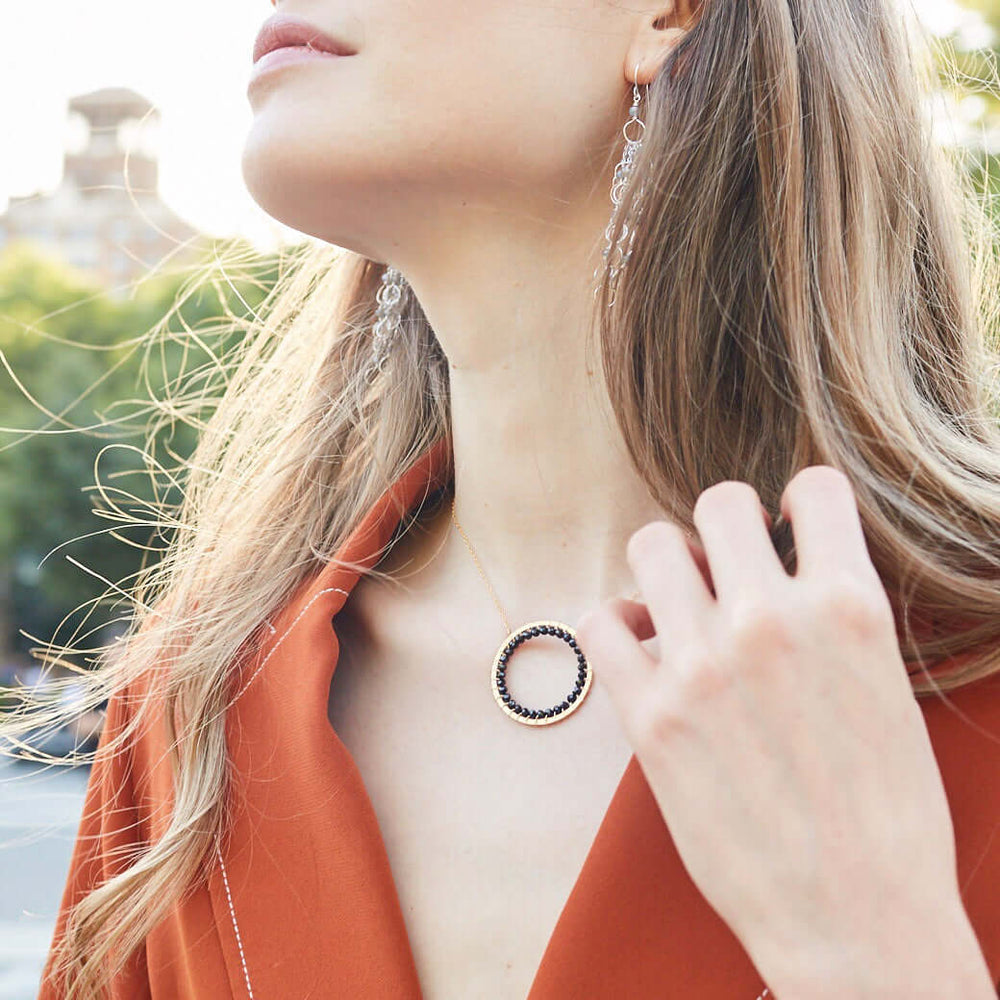 Black Spinel Gold Infinity Circle Necklace