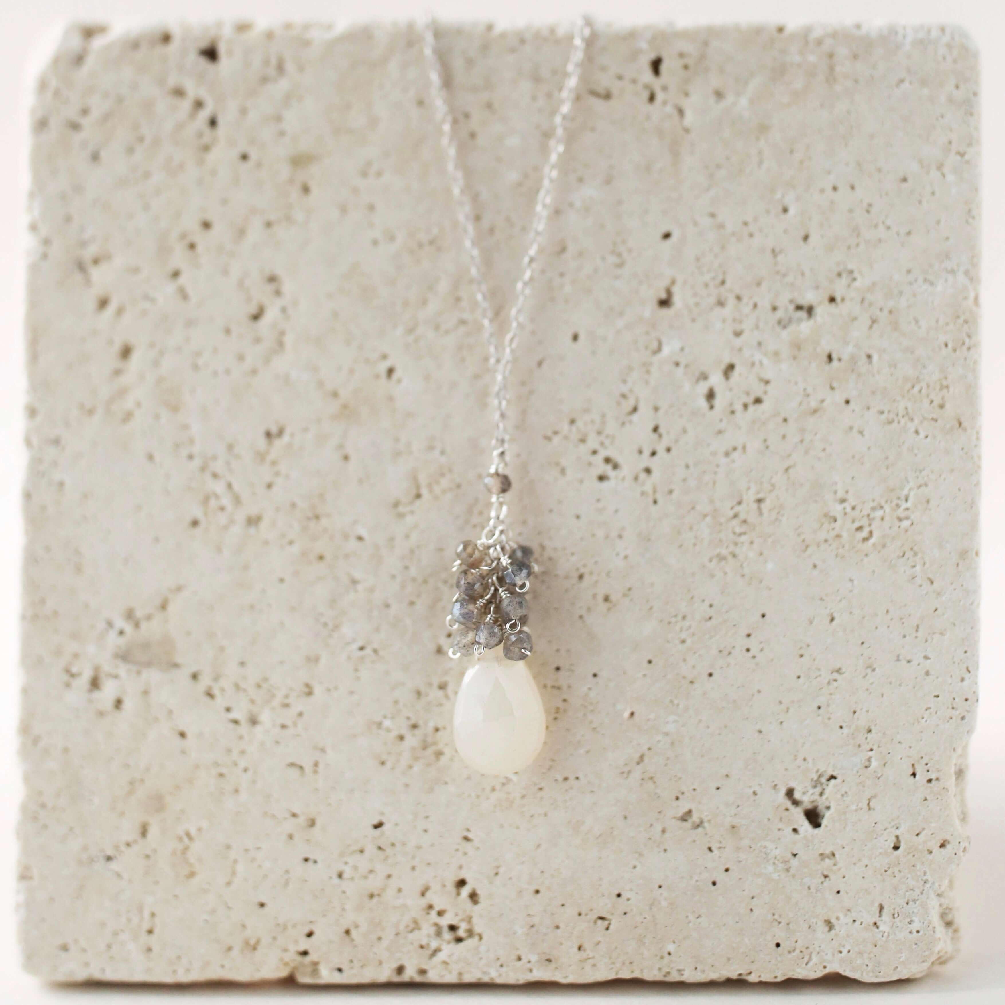 White chalcedony drop pendants paired with a cluster of mini labradorite quartz gems Silver Necklace