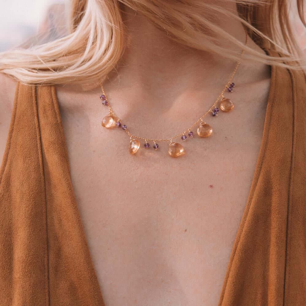 Sparkling Citrine and Amethyst Necklace in 14k Gold Plated Silver