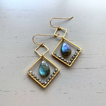 Smooth 'flash' labradorite gemstones Gold Geometric Earrings