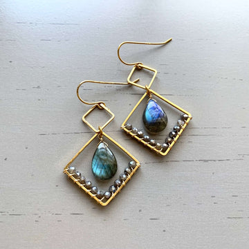 Smooth 'flash' labradorite gemstones Gold Geometric Earrings