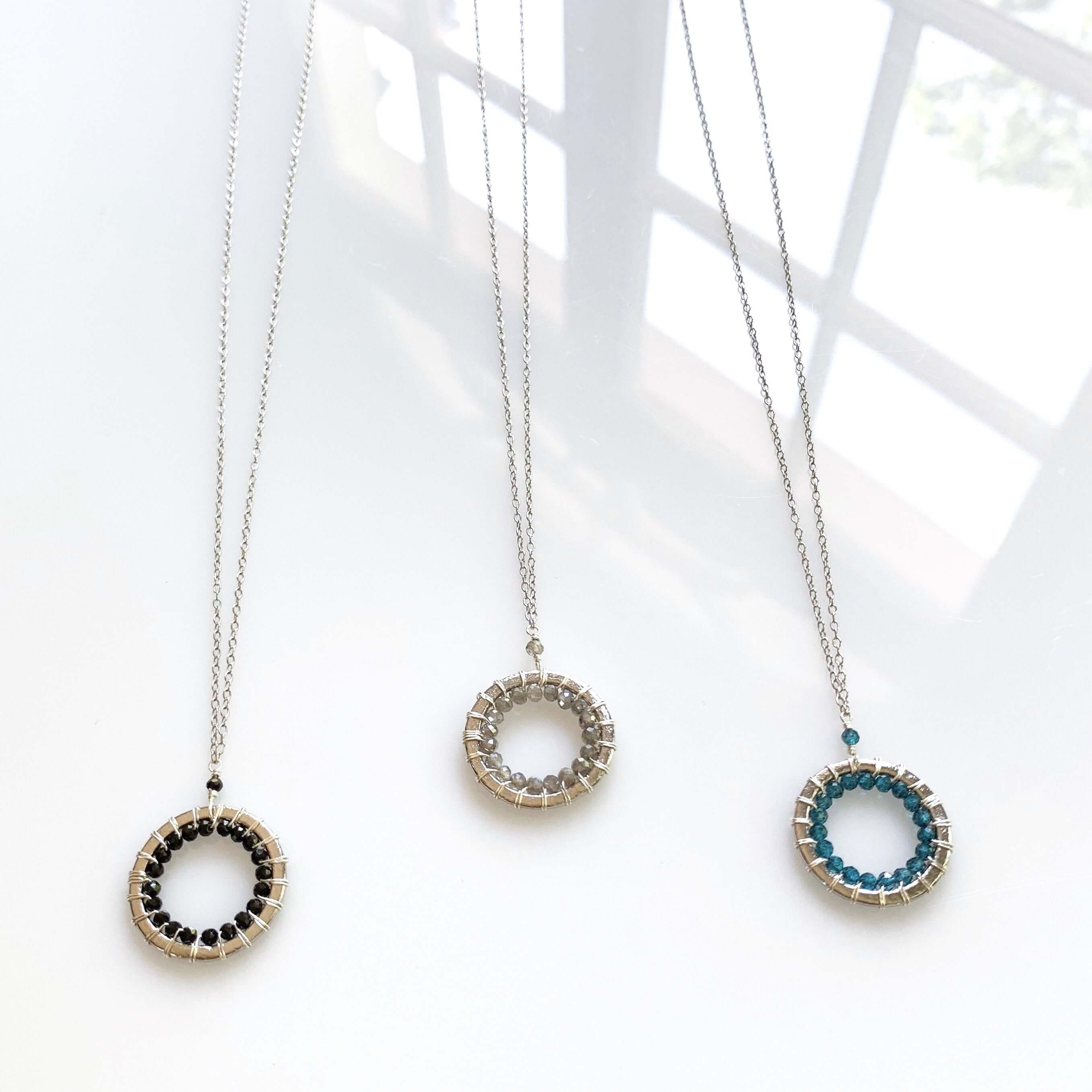 Rhodium Plated  with Authentic Gemstones Mini Mason Circle Pendants Necklaces