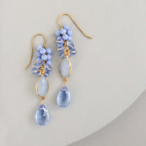  Long Drop Earrings with Dark Blue Chalcedony Bezel and Sky Blue Quartz Gems
