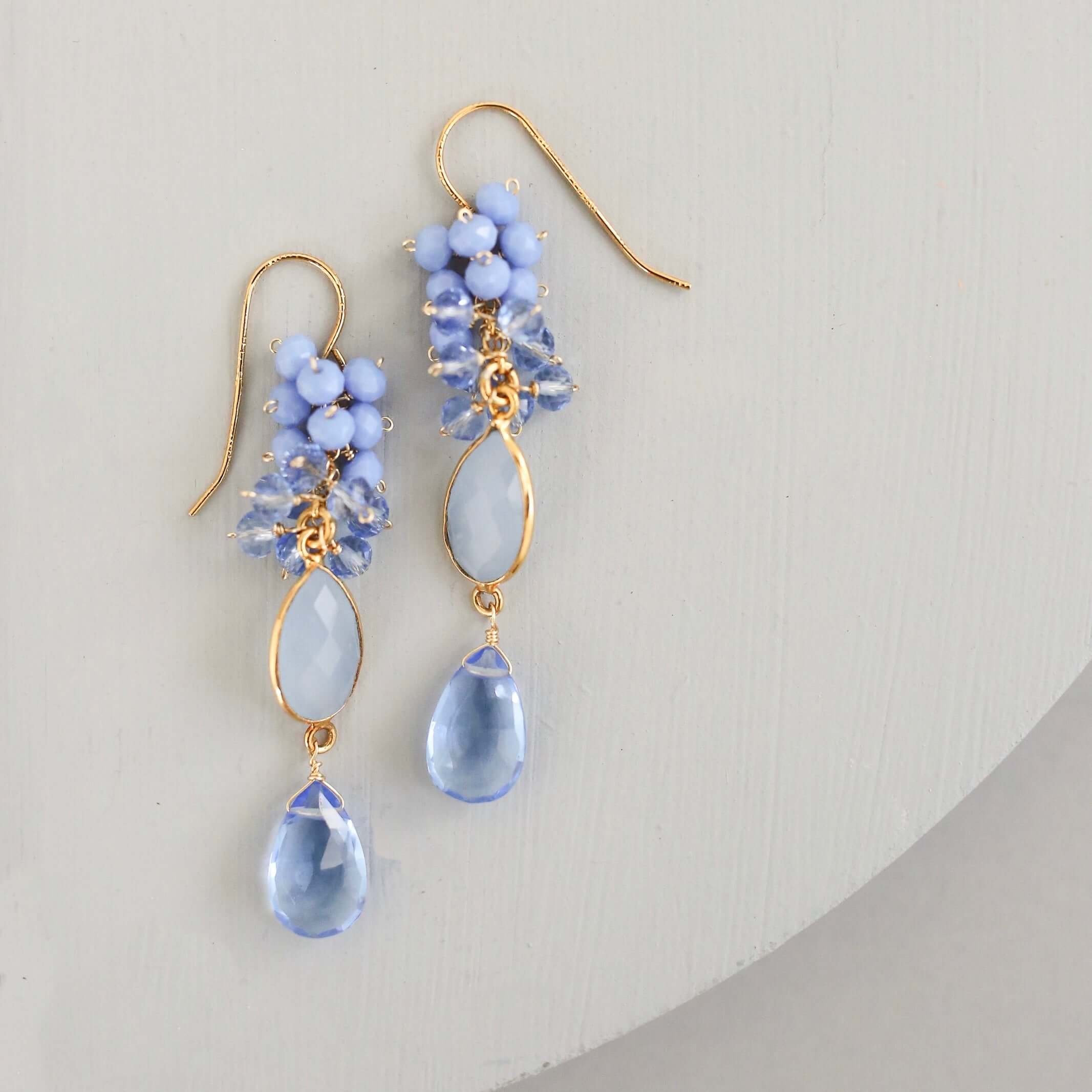  Long Drop Earrings with Dark Blue Chalcedony Bezel and Sky Blue Quartz Gems