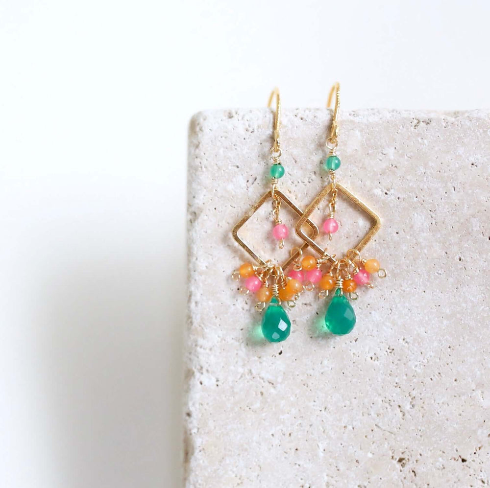Green Onyx briolettes with orange, yellow and pink chalcedony Accent gemstones   French Hook Gold Earrings 