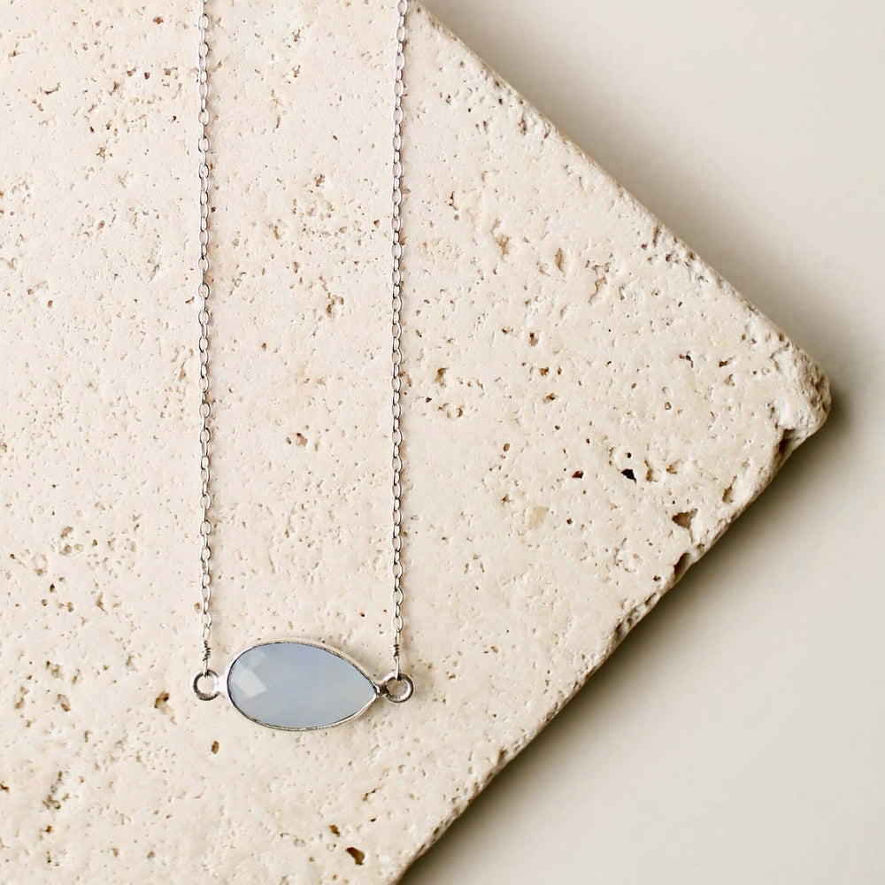 Minimalist Gold Necklace with Bezel-Set Blue Chalcedony Stone