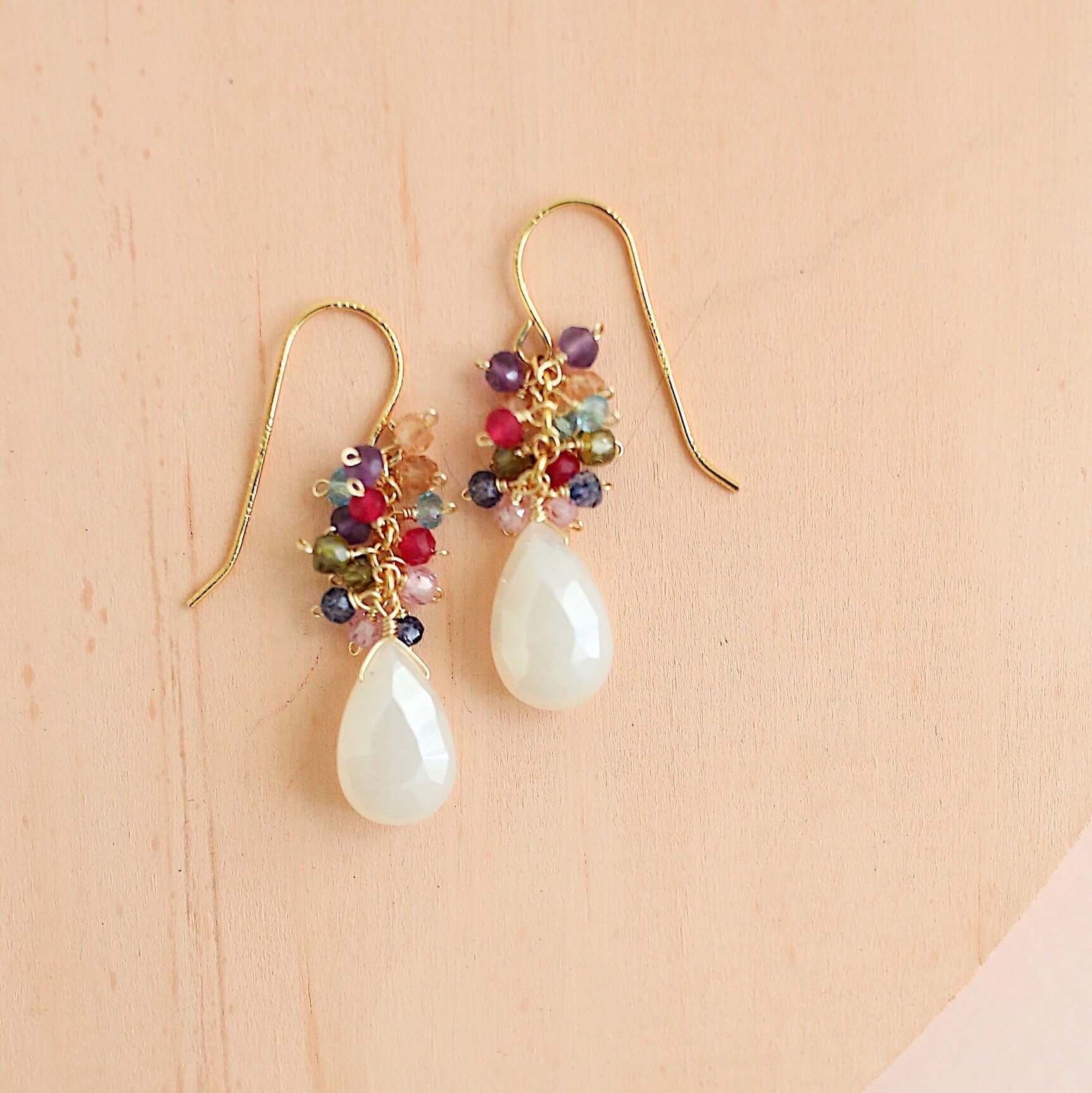 White Chalcedony Quartz  Gemstone with mini stones  Accents   Gold Drop Earrings