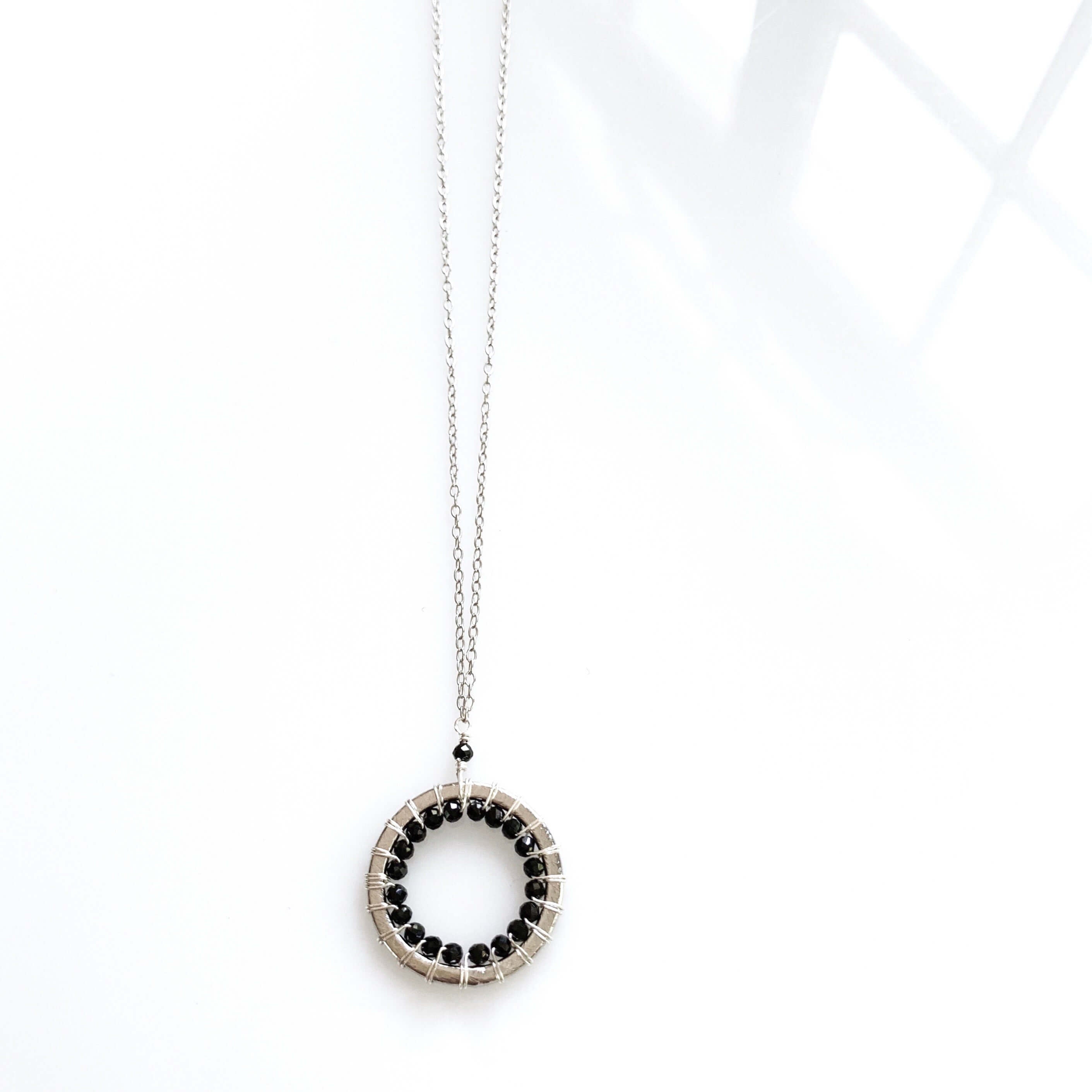 Black Spinel Small Silver Circle Necklace