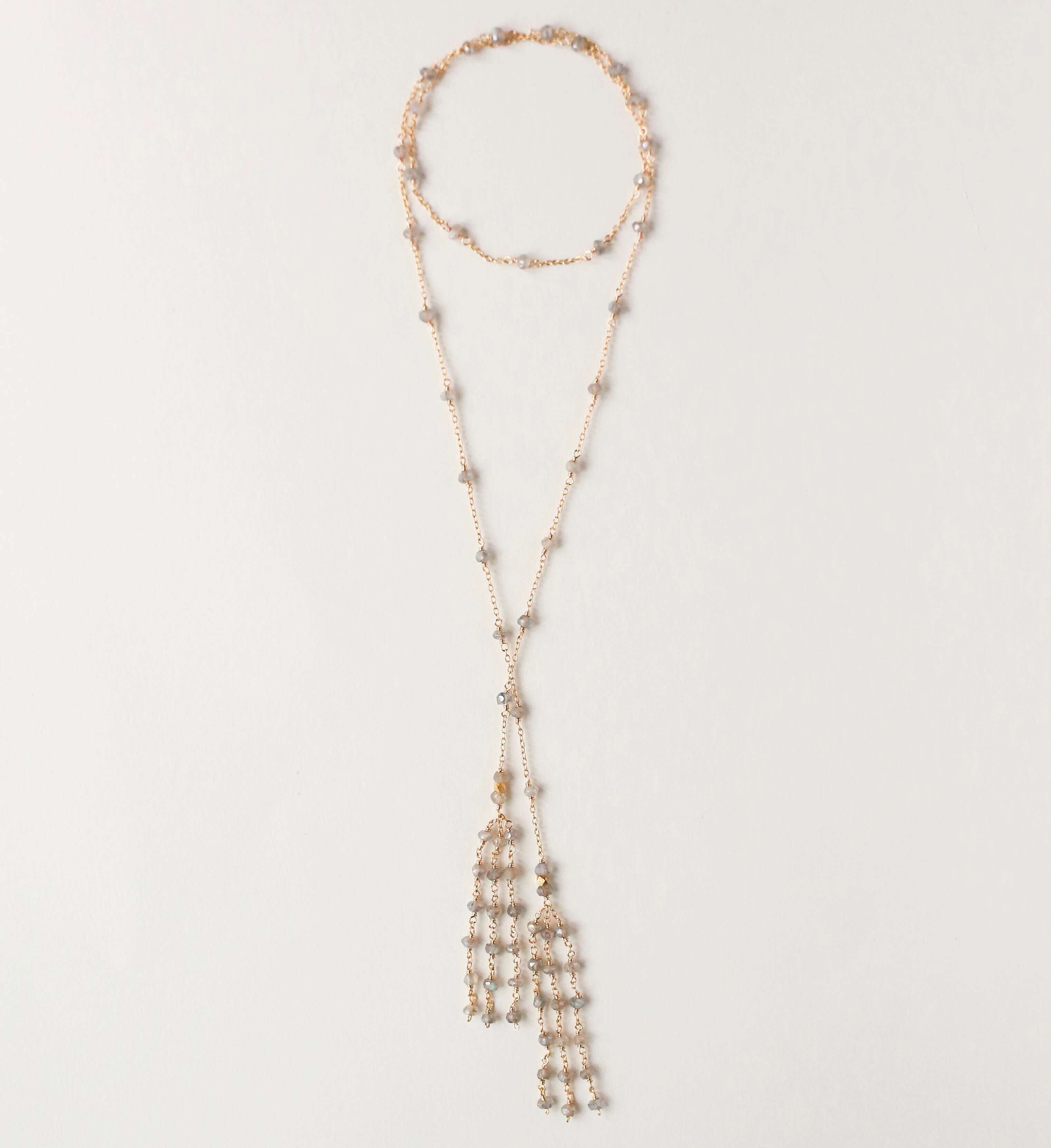 14k Gold plated Labradorite Lariat Necklace with a stunning tassel