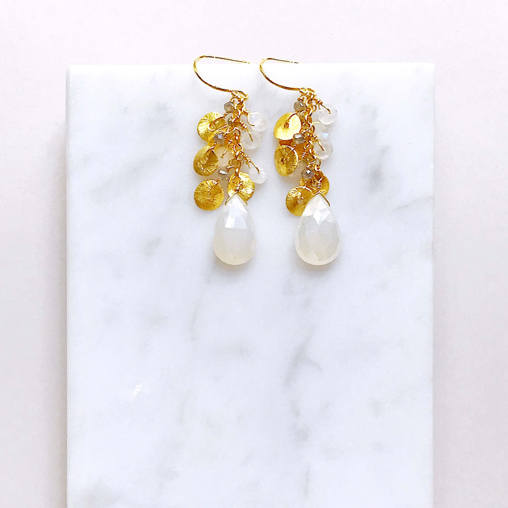 White Chalcedony Gemstone with mini stones  and Gold  Accents   Gold Drop Earrings