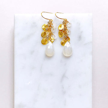 White Chalcedony Gemstone with mini stones  and Gold  Accents   Gold Drop Earrings