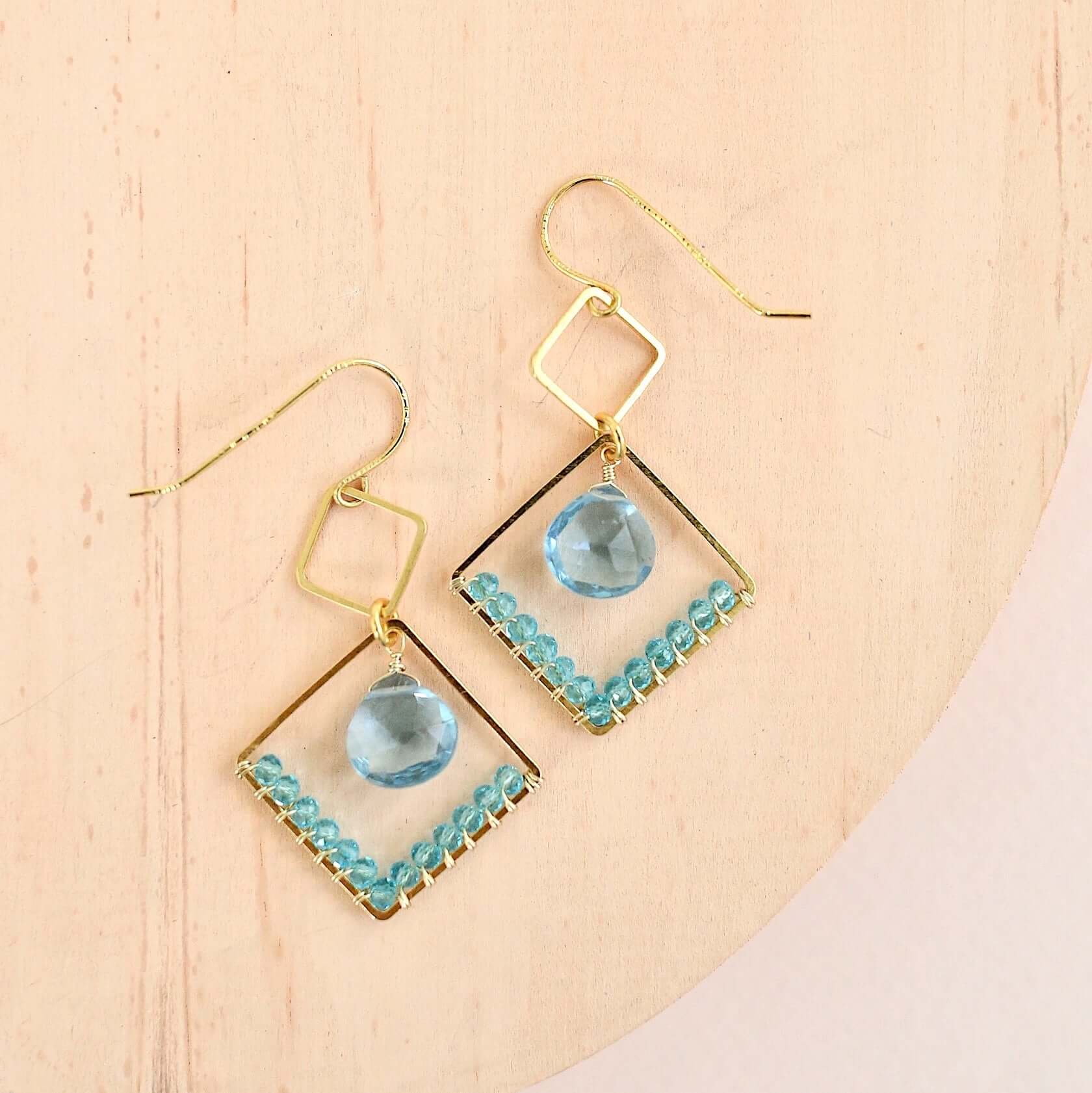 Aqua Blue Quartz Gemstone Triangle Earrings with French Hooks