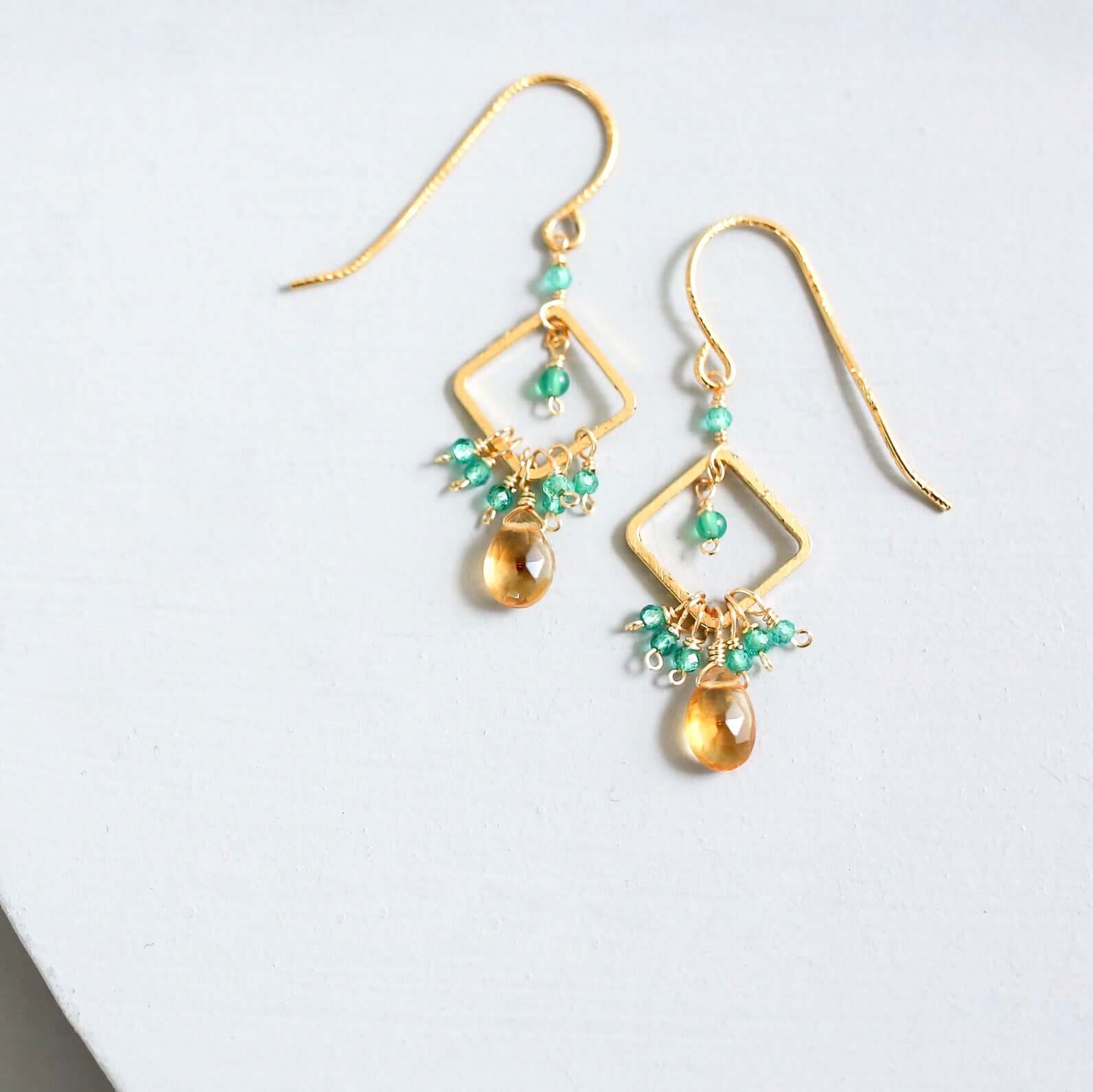  Citrine briolette gemstones with green onyx accent stones French Hook Gold Earrings 