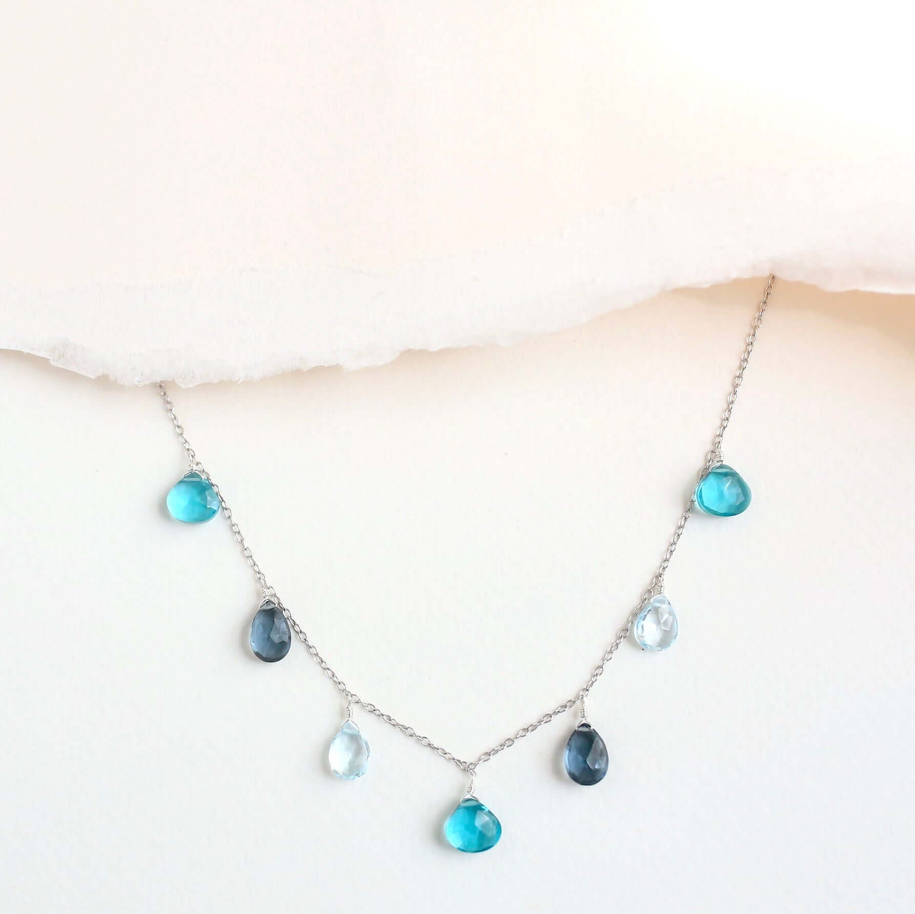 Delicate Aquamarine, Iolite, and Aqua Blue Quartz Silver Necklace