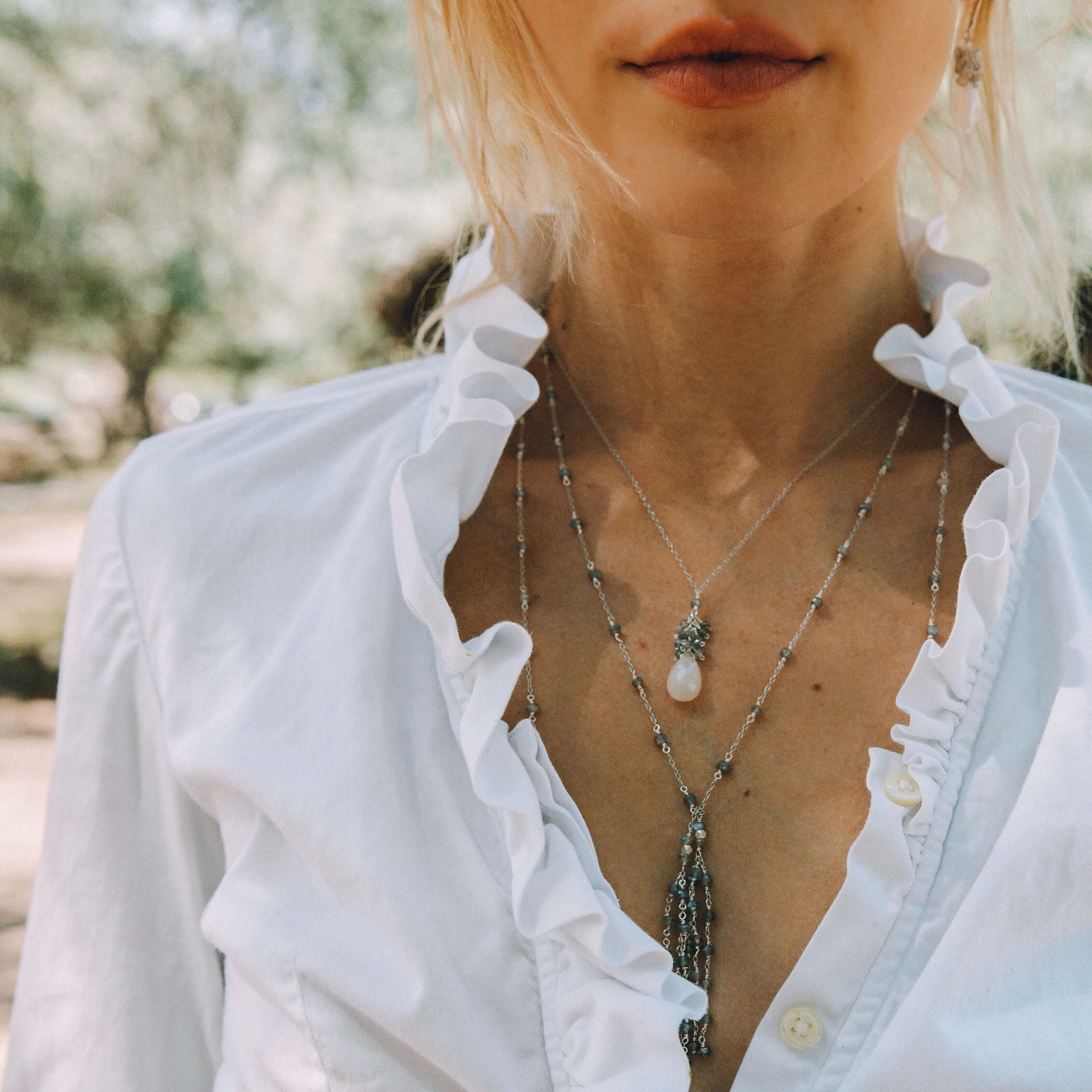 Silver London Blue Quartz Lariat Necklace with a stunning tassel