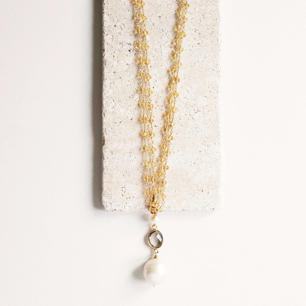 Long Smoky Quartz Baroque Pearl Necklace