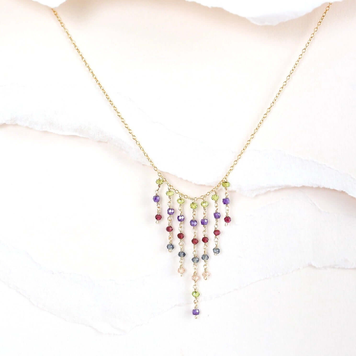 Unique Rainbow Gemstone Fringe Gold  Necklace