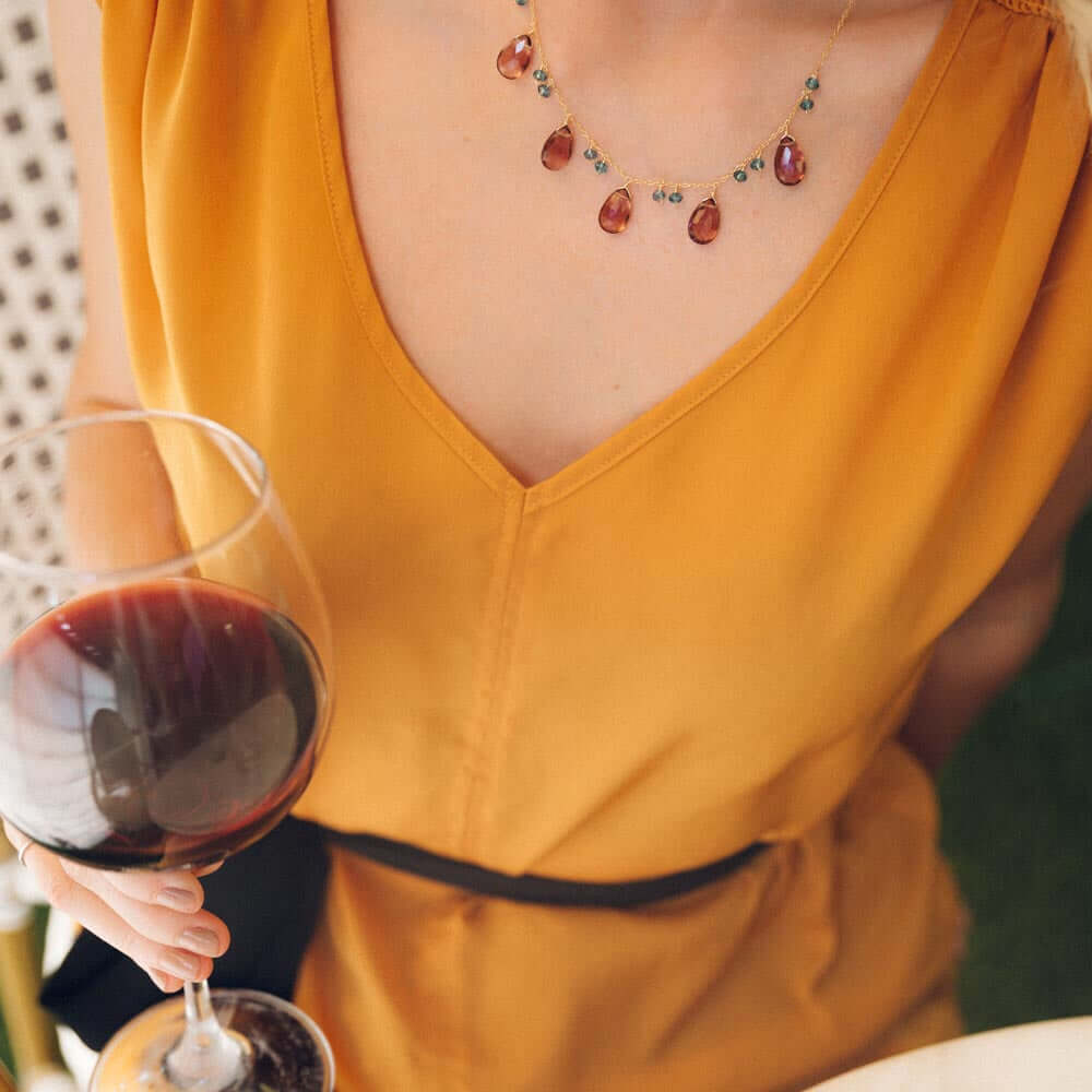 Adjustable Rhodolite Garnet Gemstone with bright blue aquamarine accents  Gold Chain Necklace
