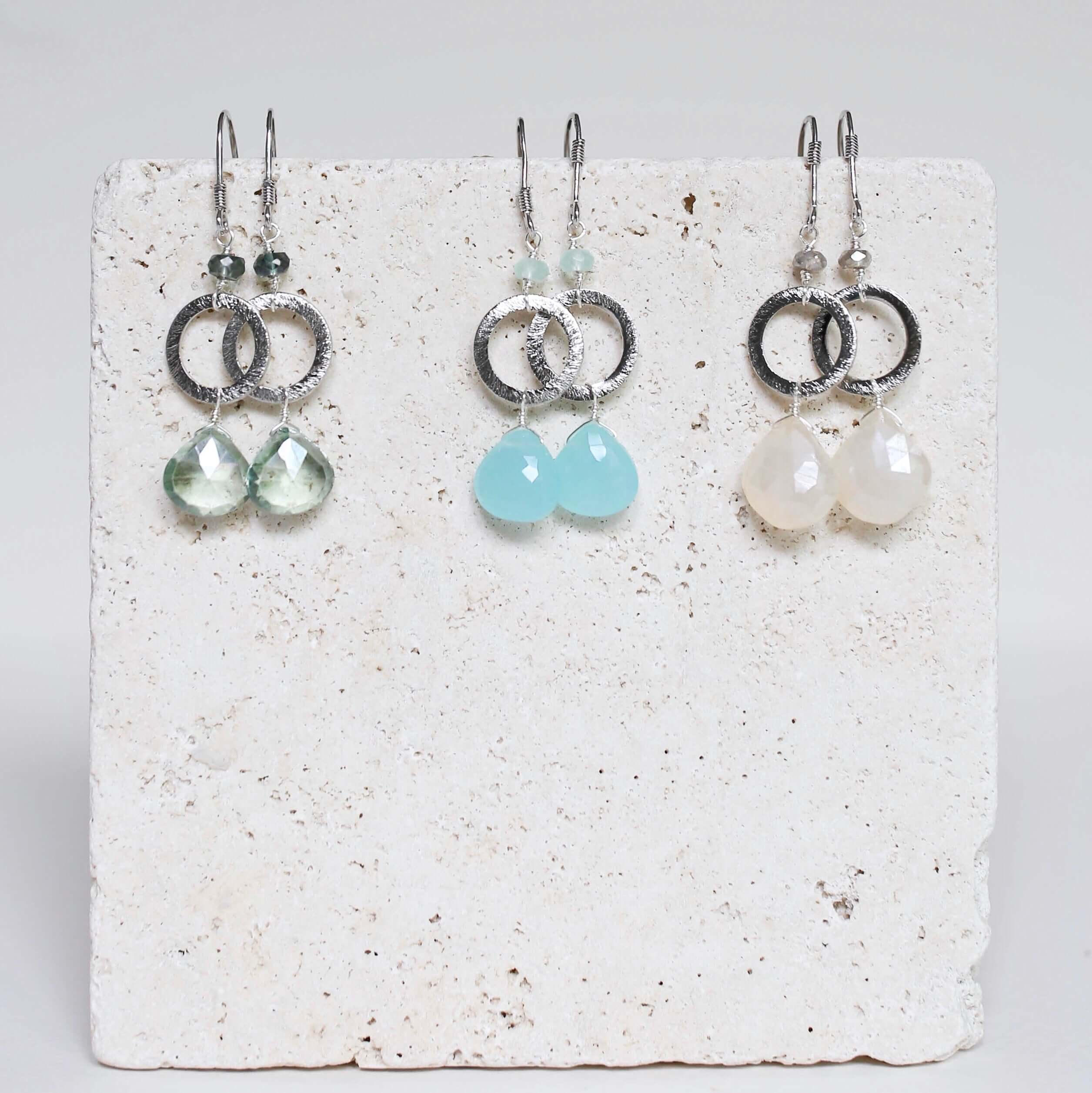 Handmade Rhodium-Plated Drop Earrings with White Chalcedony