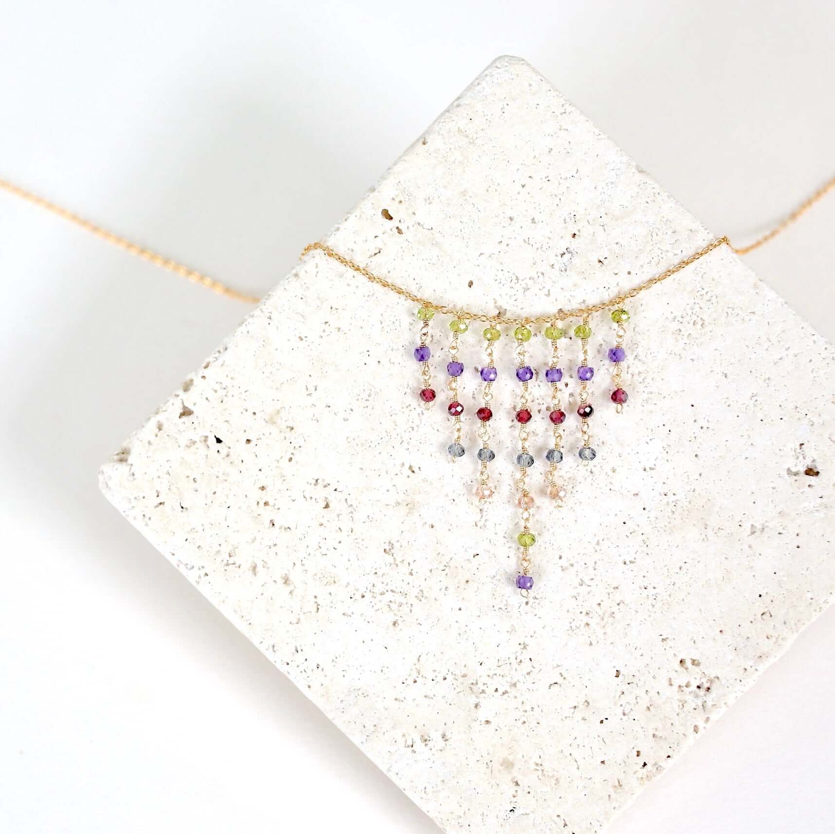 Unique Rainbow Gemstone Fringe Gold  Necklace