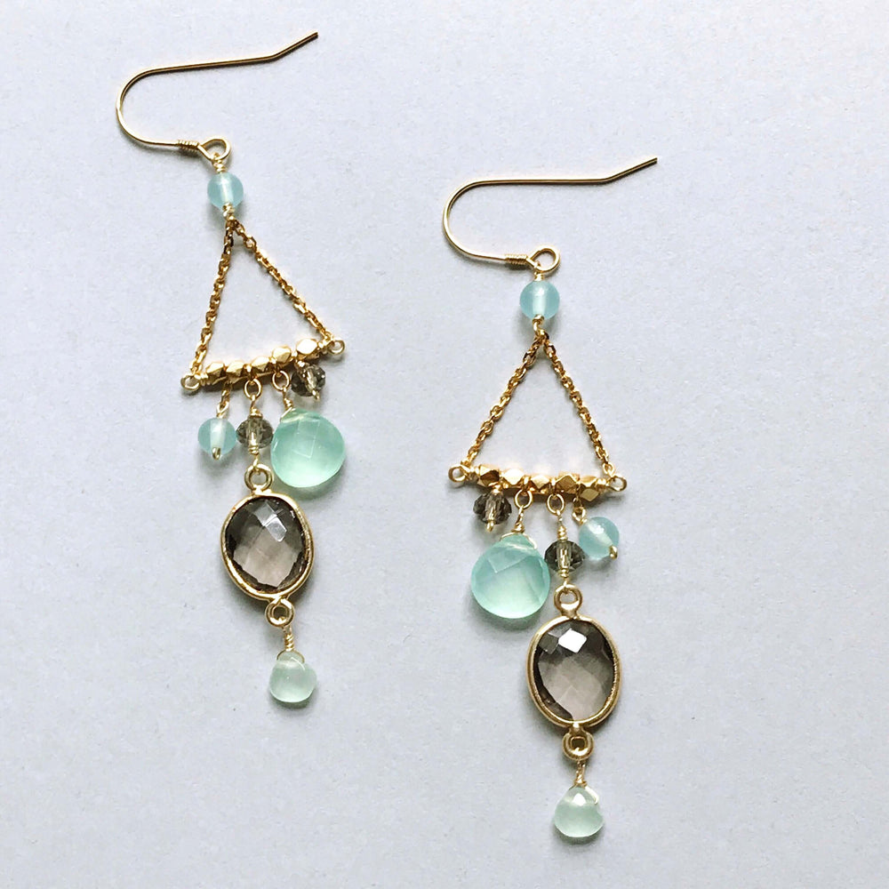 French Hooks, bezel set smoky quartz gemstones surrounded by a variety of faceted aqua chalcedony accent stones Gold pair of Earrings