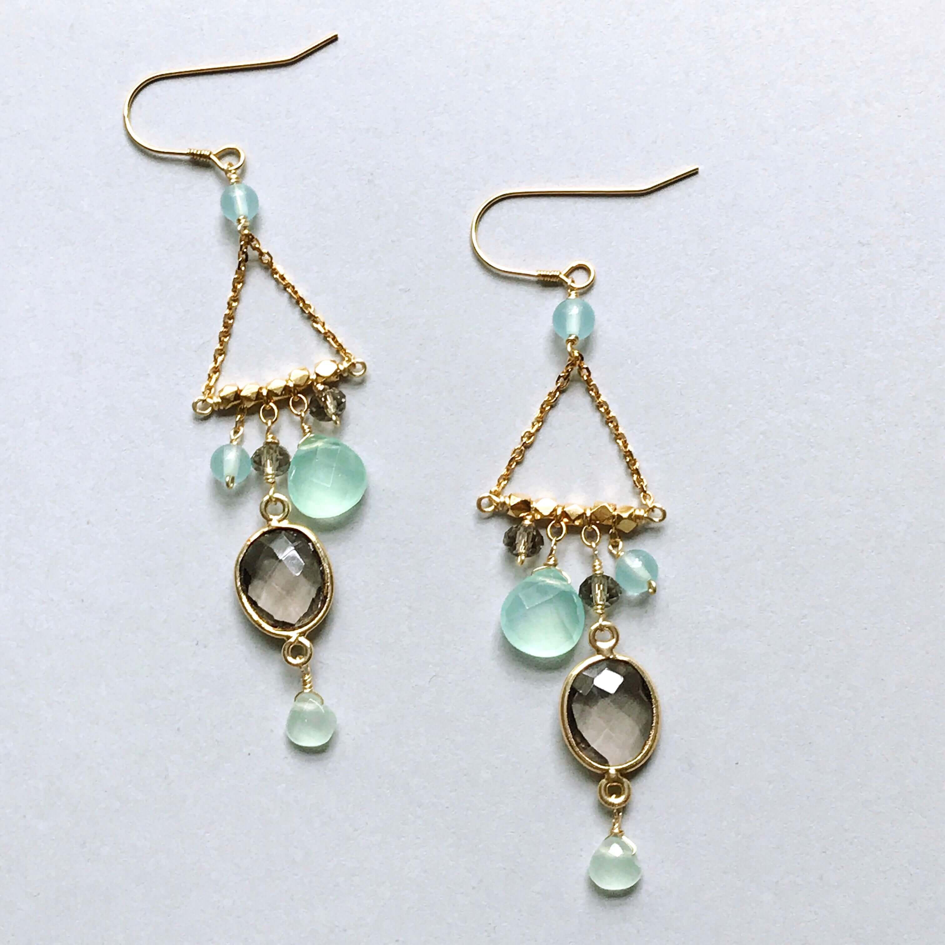 French Hooks, bezel set smoky quartz gemstones surrounded by a variety of faceted aqua chalcedony accent stones Gold pair of Earrings