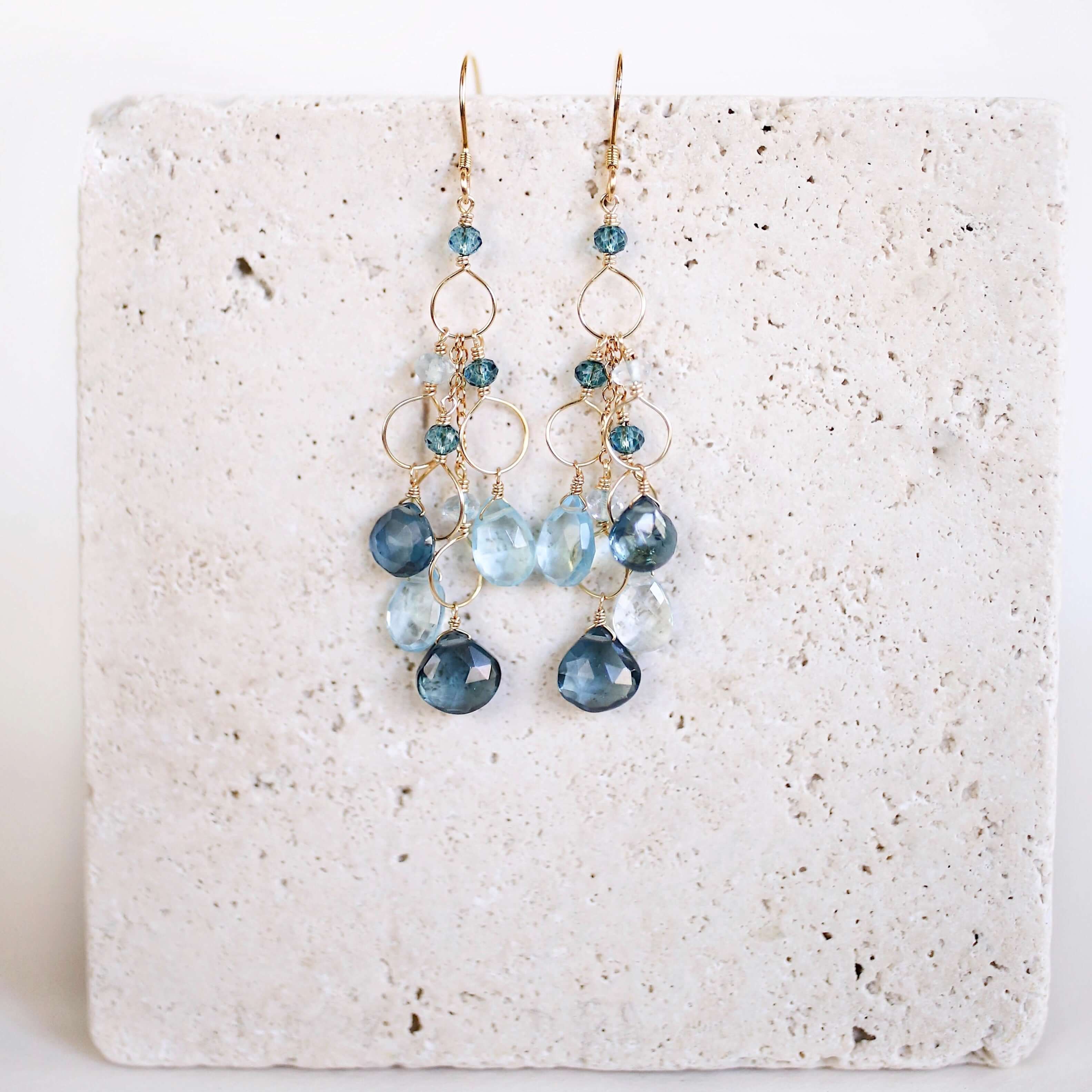 Lolite & Aquamarine Gemstone Waterfall Earrings in 14k Gold
