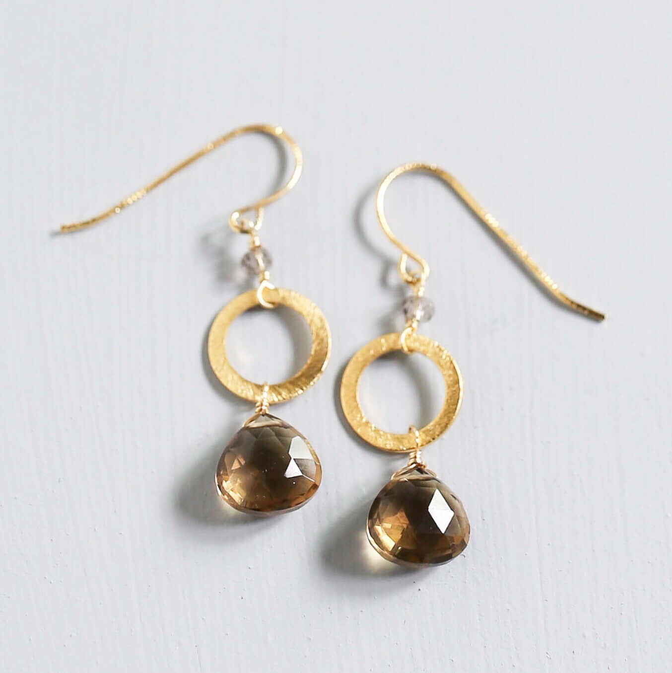 Handmade Gold-Plated Drop Earrings with Smoke Quartz 