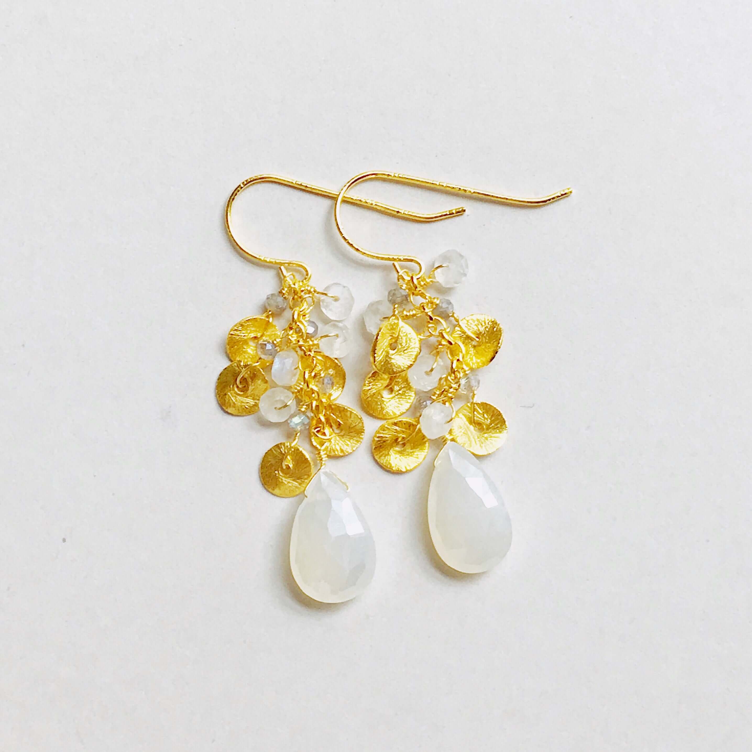 White Chalcedony Gemstone with mini stones  and Gold  Accents   Gold Drop Earrings