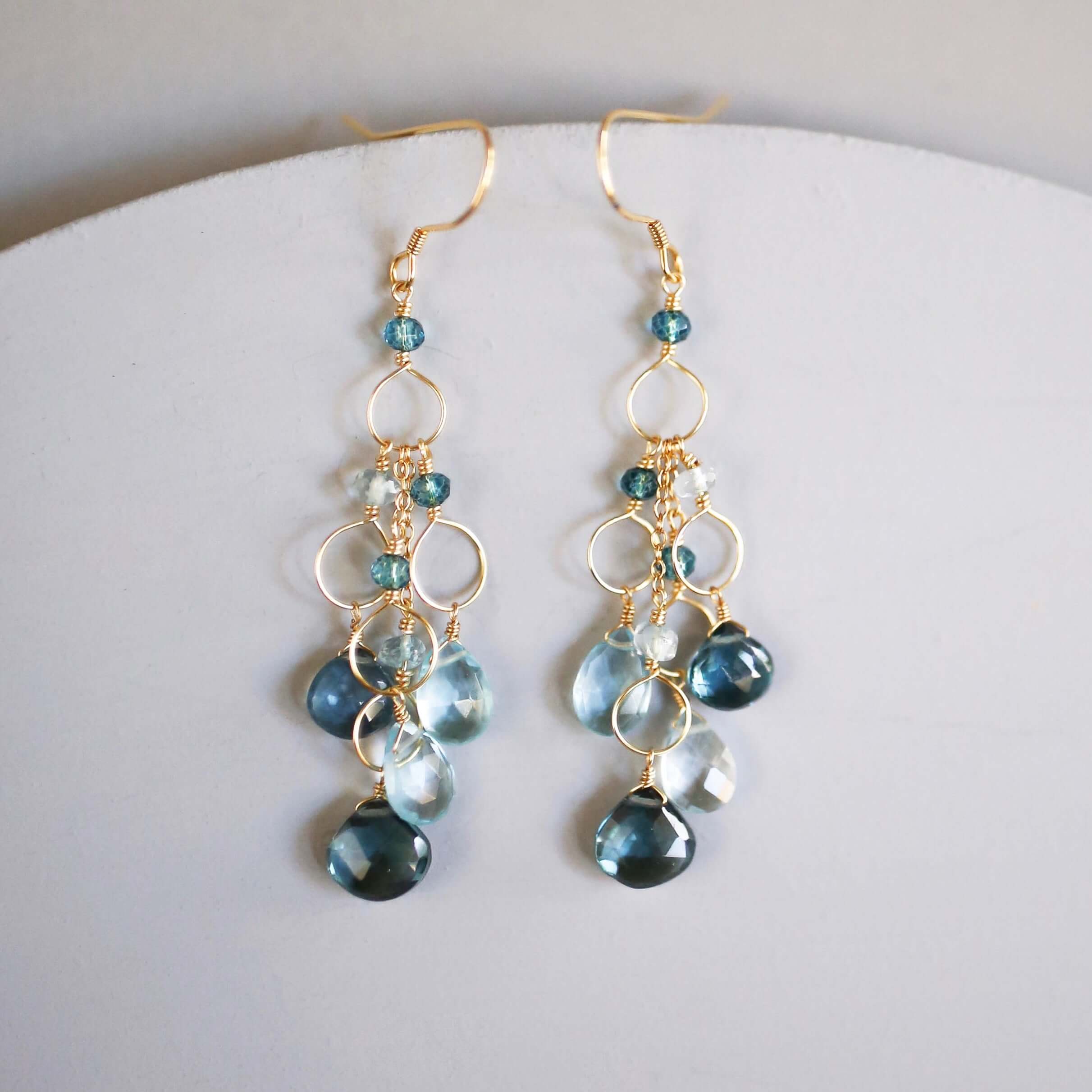Lolite & Aquamarine Gemstone Waterfall Earrings in 14k Gold