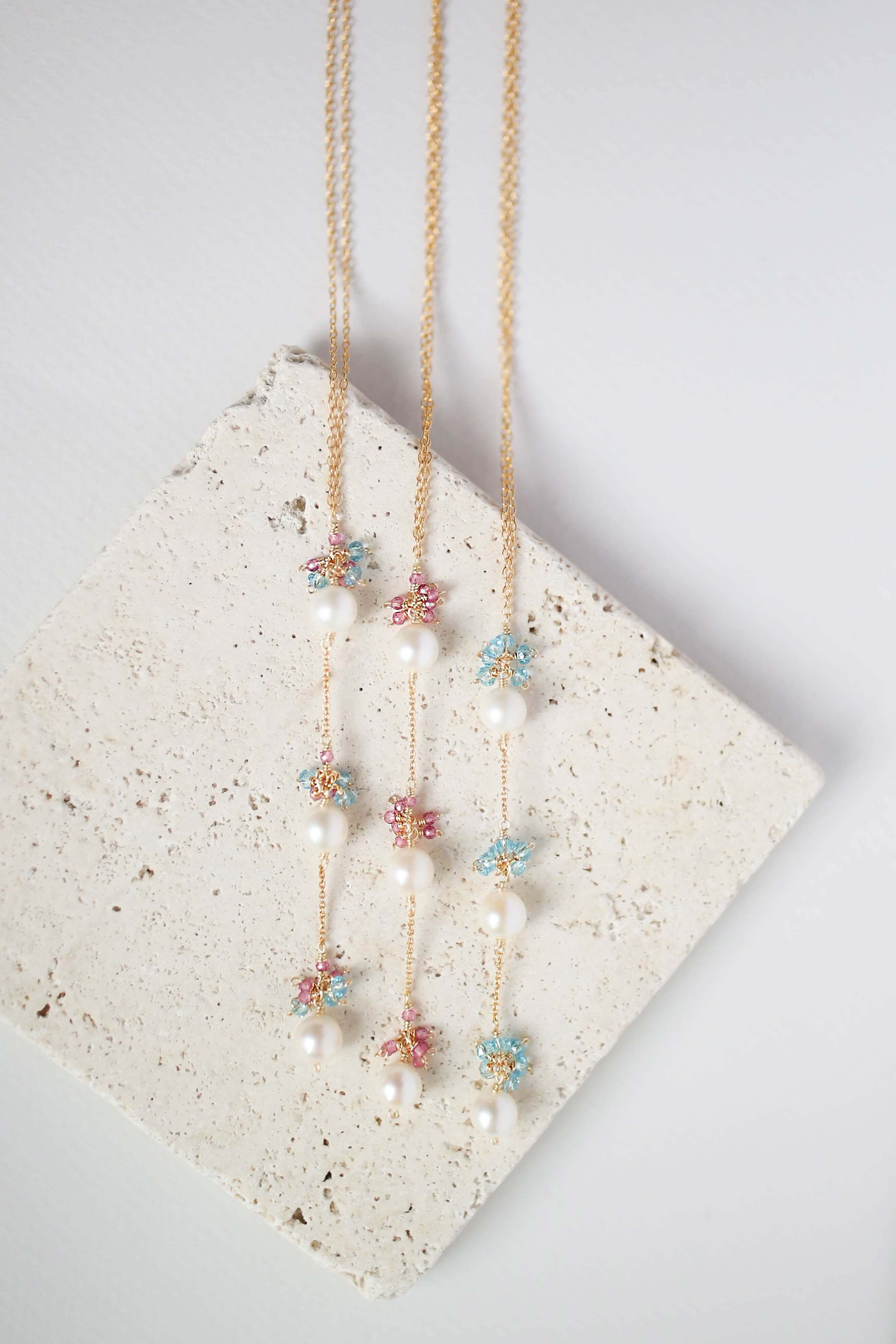 Colorful Gold plated Necklace with 3 white freshwater bead pearls paired with genuine Pink Tourmaline quartz and aquamarine quartz gemstones