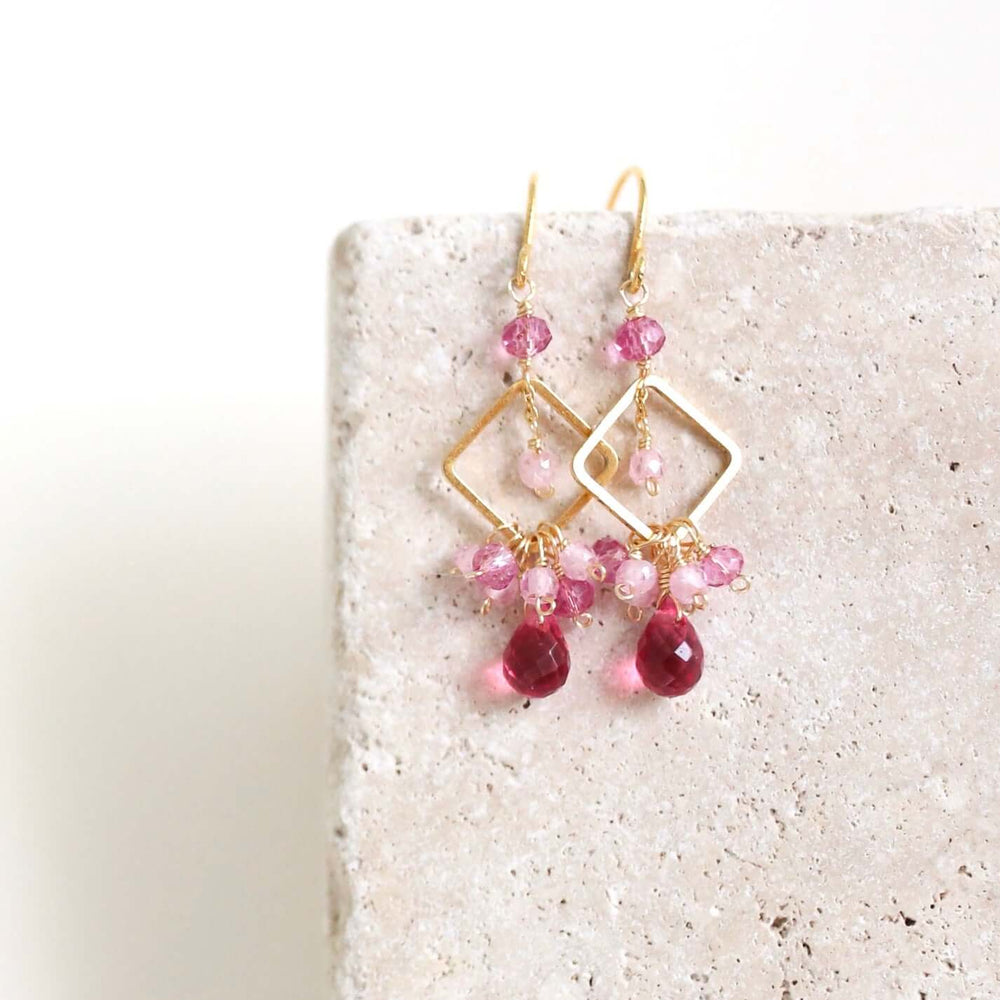 Dark Pink Tourmaline briolettes with rose quartz and pink tourmaline gemstones Accent French Hook Gold Earrings 