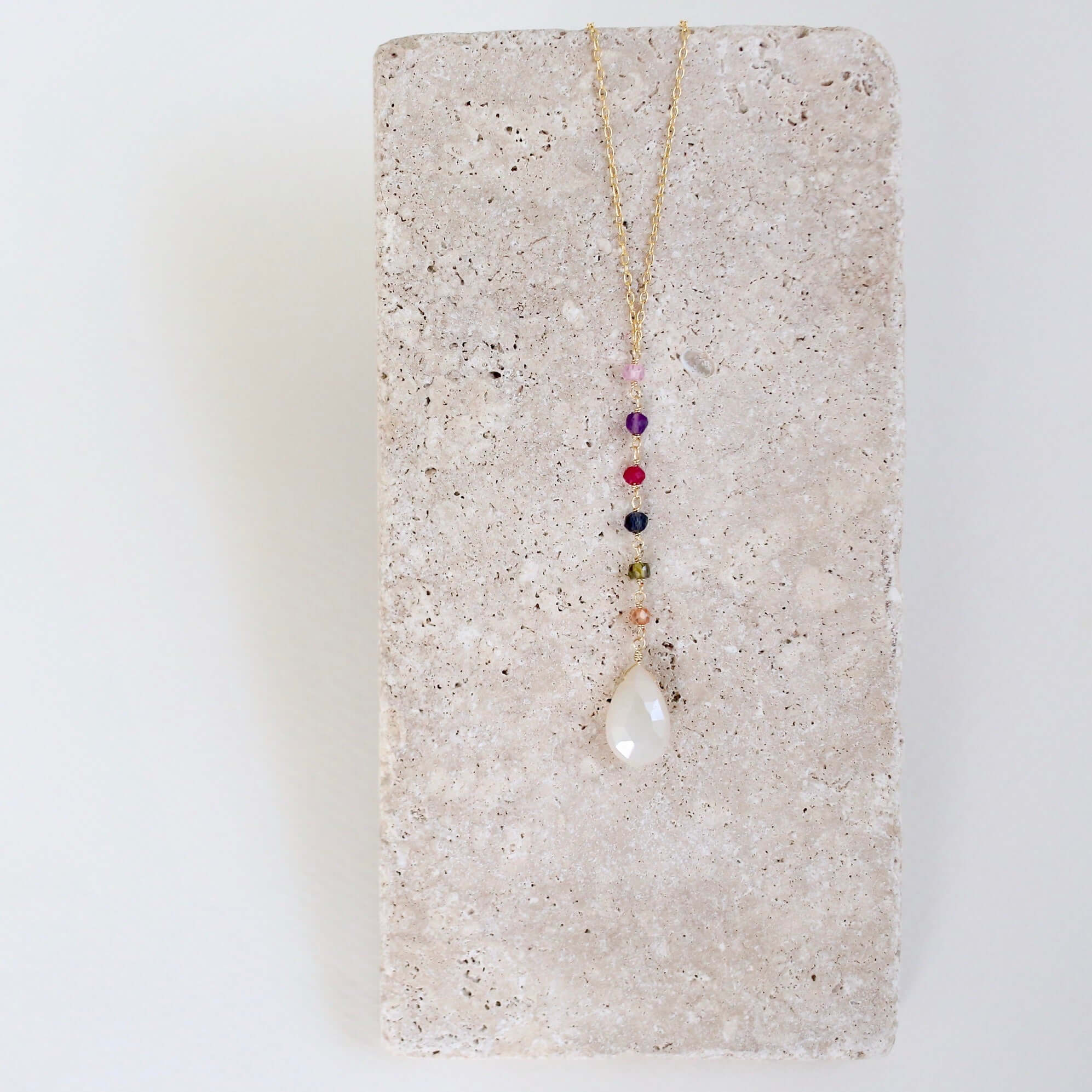 White Chalcedony gemstone Yoga pendant with  multi-color accent stones Necklace