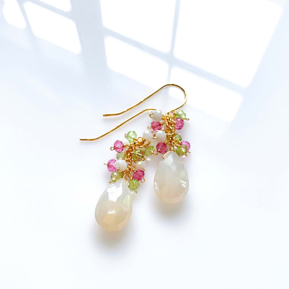 White Chalcedony stone topped with multi-colored cluster of gems Gold Earrings 