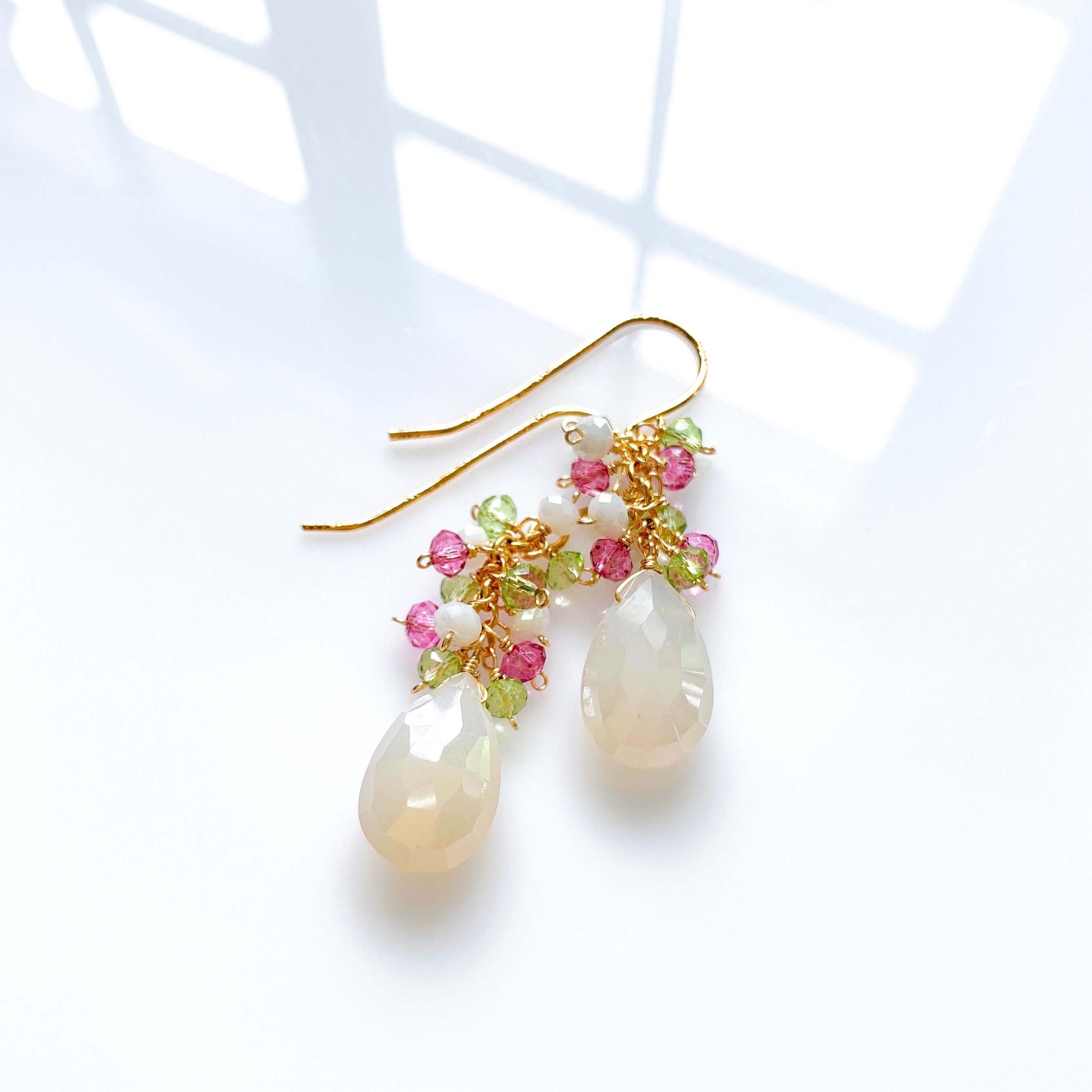 White Chalcedony stone topped with multi-colored cluster of gems Gold Earrings 