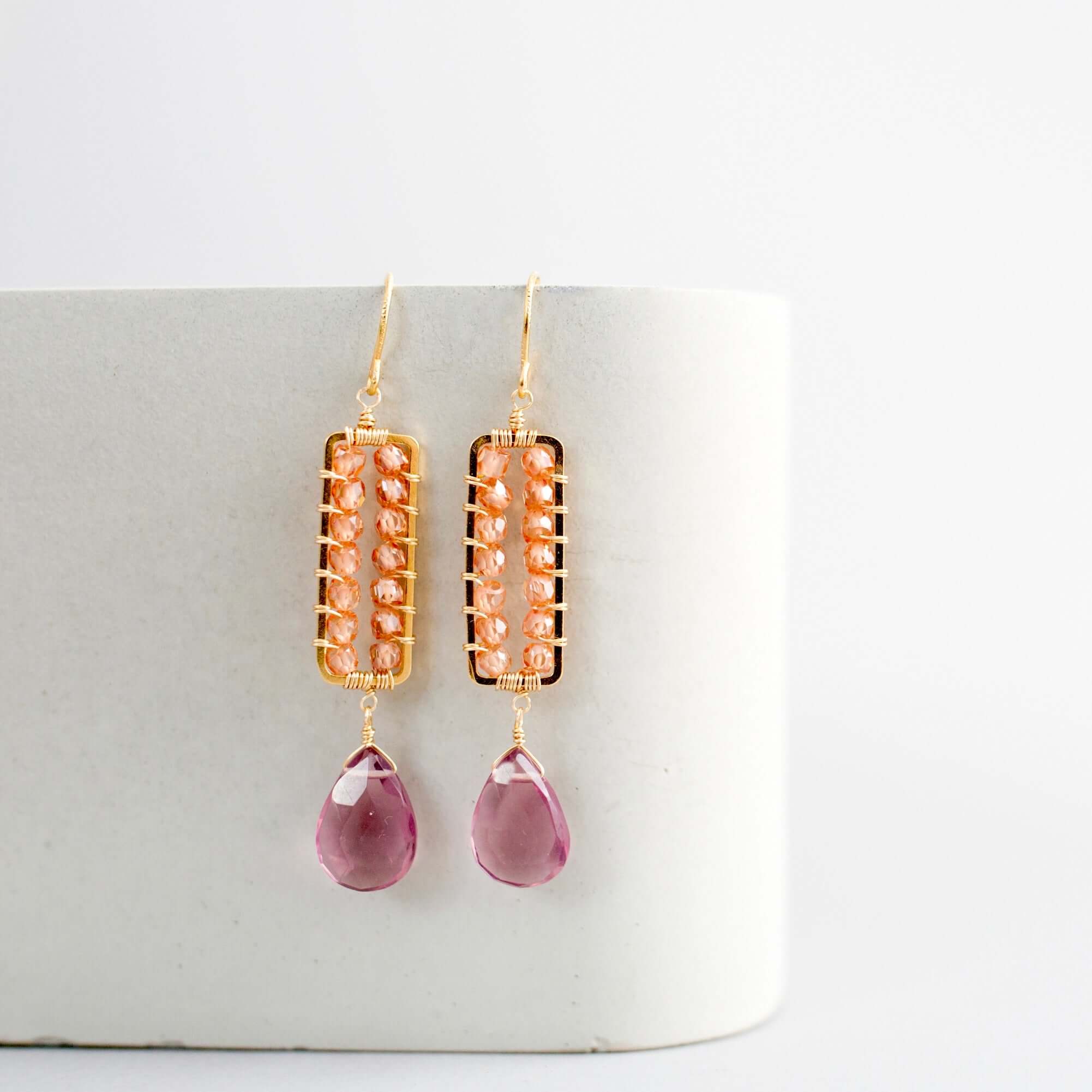 Gold parallel  earrings with Pink garnet Dangle  and with champagne quartz accents