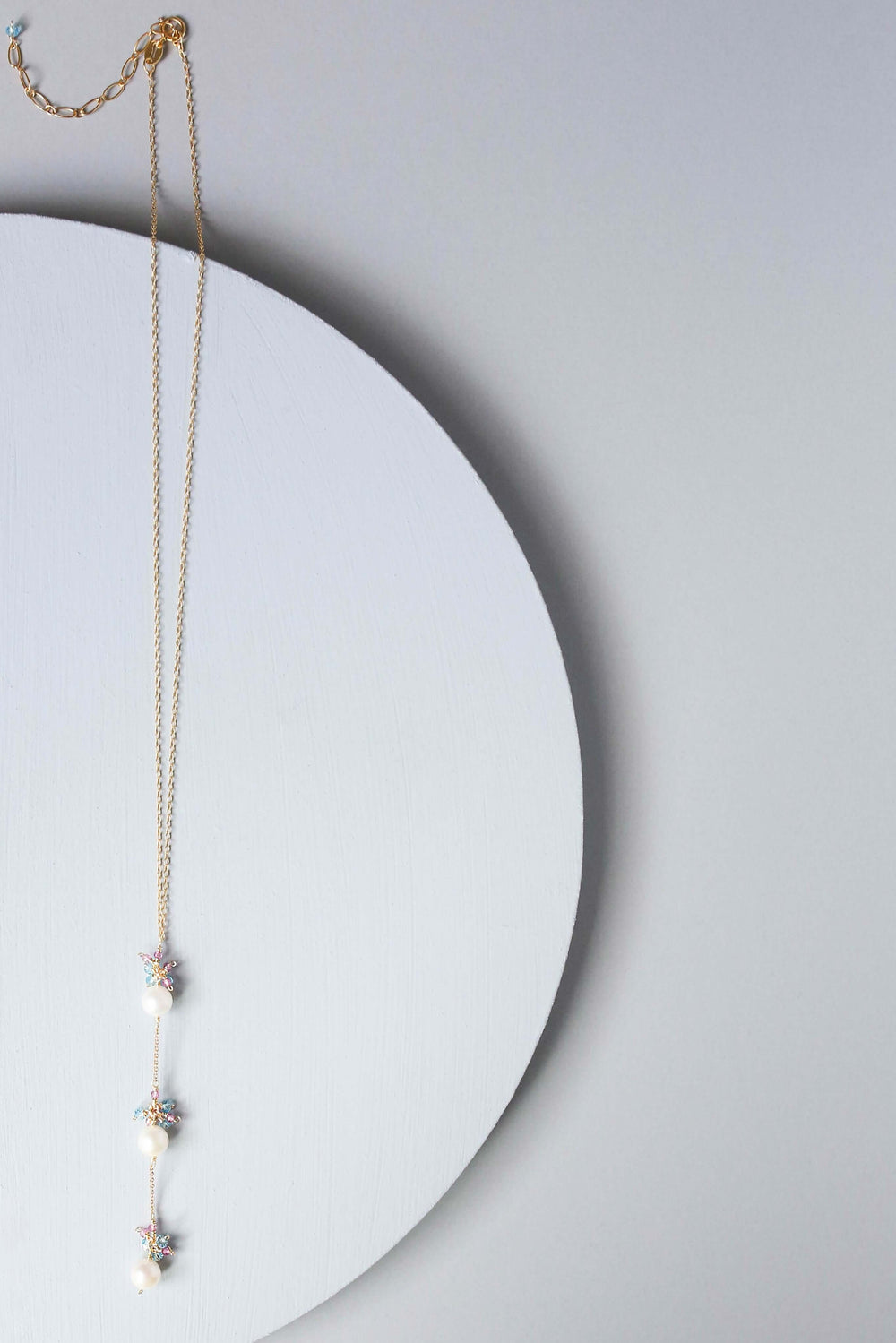 Gold plated Necklace with 3 white freshwater bead pearls paired with genuine aquamarine quartz gemstones