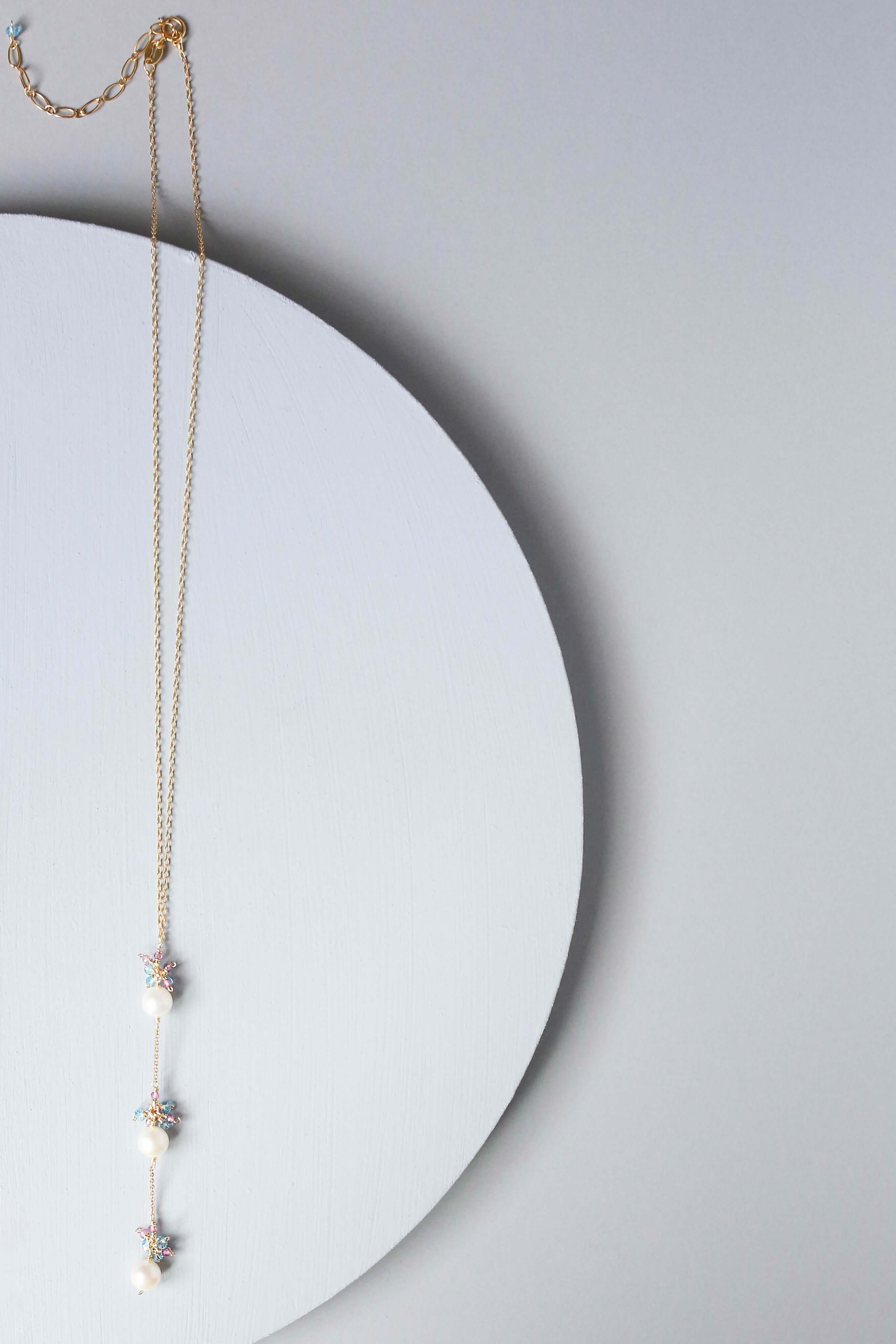 Gold plated Necklace with 3 white freshwater bead pearls paired with genuine aquamarine quartz gemstones