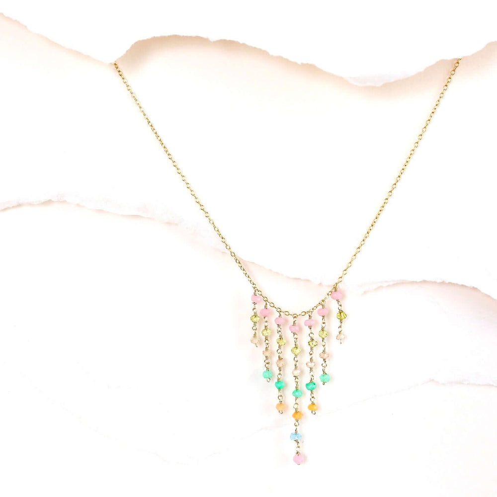 Unique gemstone  Fringe necklace with Rose Quartz, Peridot, Champagne Quartz, Blue Chalcedony, and Orange Chalcedony gemstones