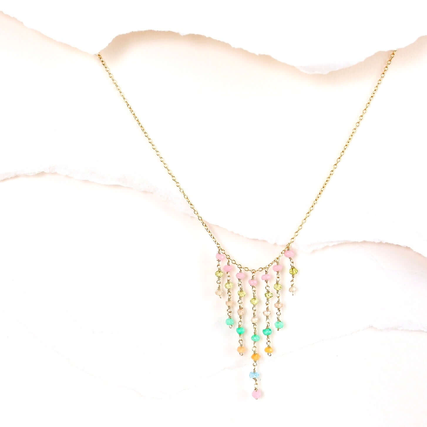 Unique gemstone  Fringe necklace with Rose Quartz, Peridot, Champagne Quartz, Blue Chalcedony, and Orange Chalcedony gemstones