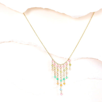 Unique gemstone  Fringe necklace with Rose Quartz, Peridot, Champagne Quartz, Blue Chalcedony, and Orange Chalcedony gemstones