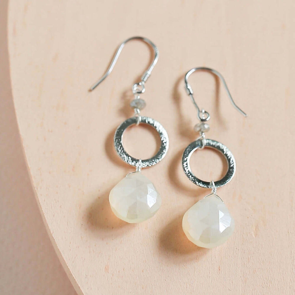 Handmade Rhodium-Plated Drop Earrings with White Chalcedony