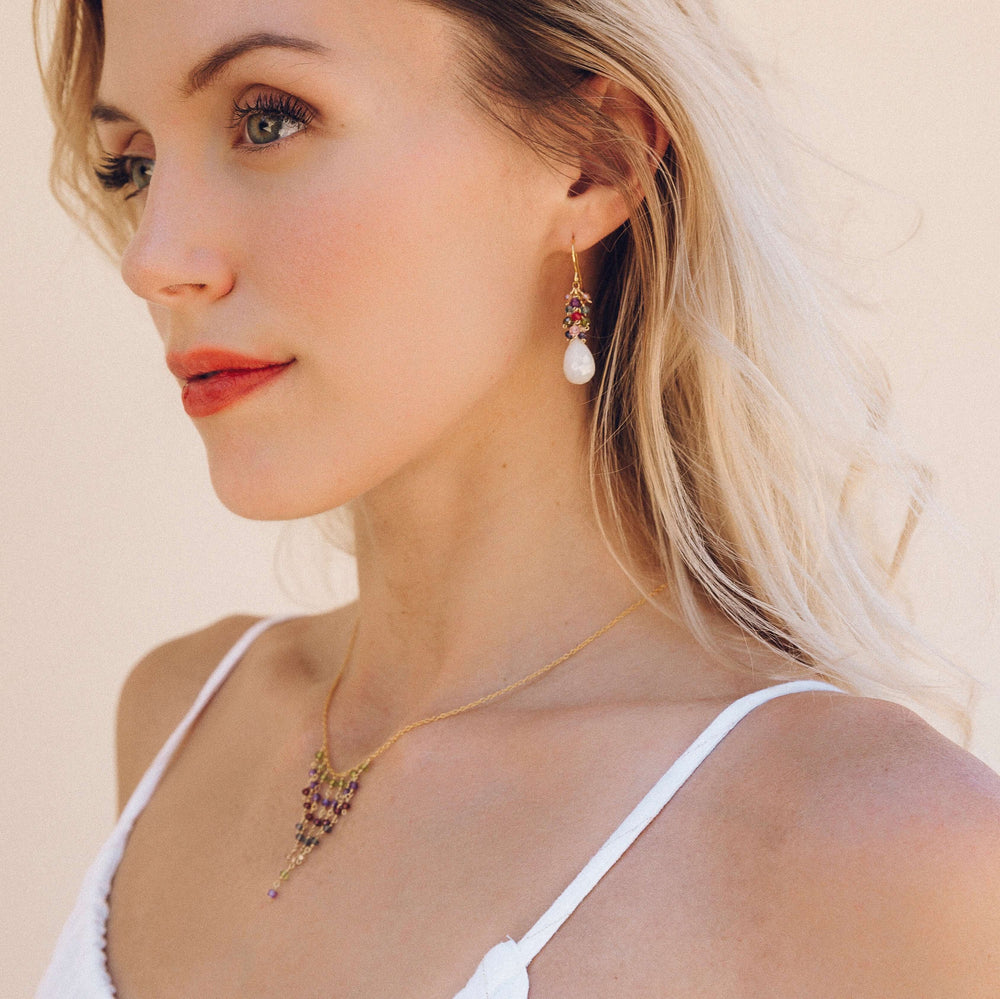 White Chalcedony Gemstone with mini stones  Accents   Gold Drop Earrings