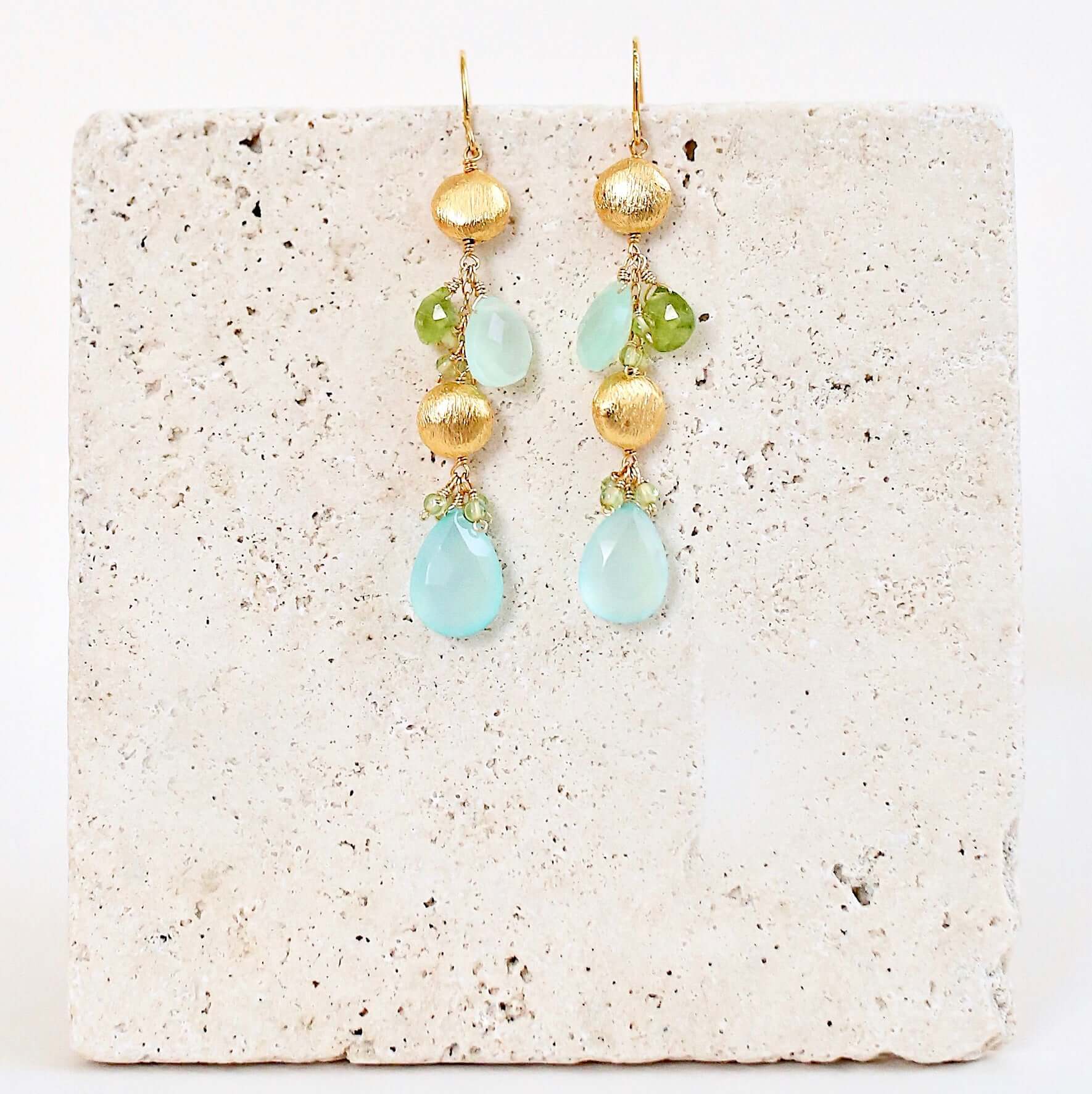 Aqua Blue Chalcedony Gold Gemstone Earrings